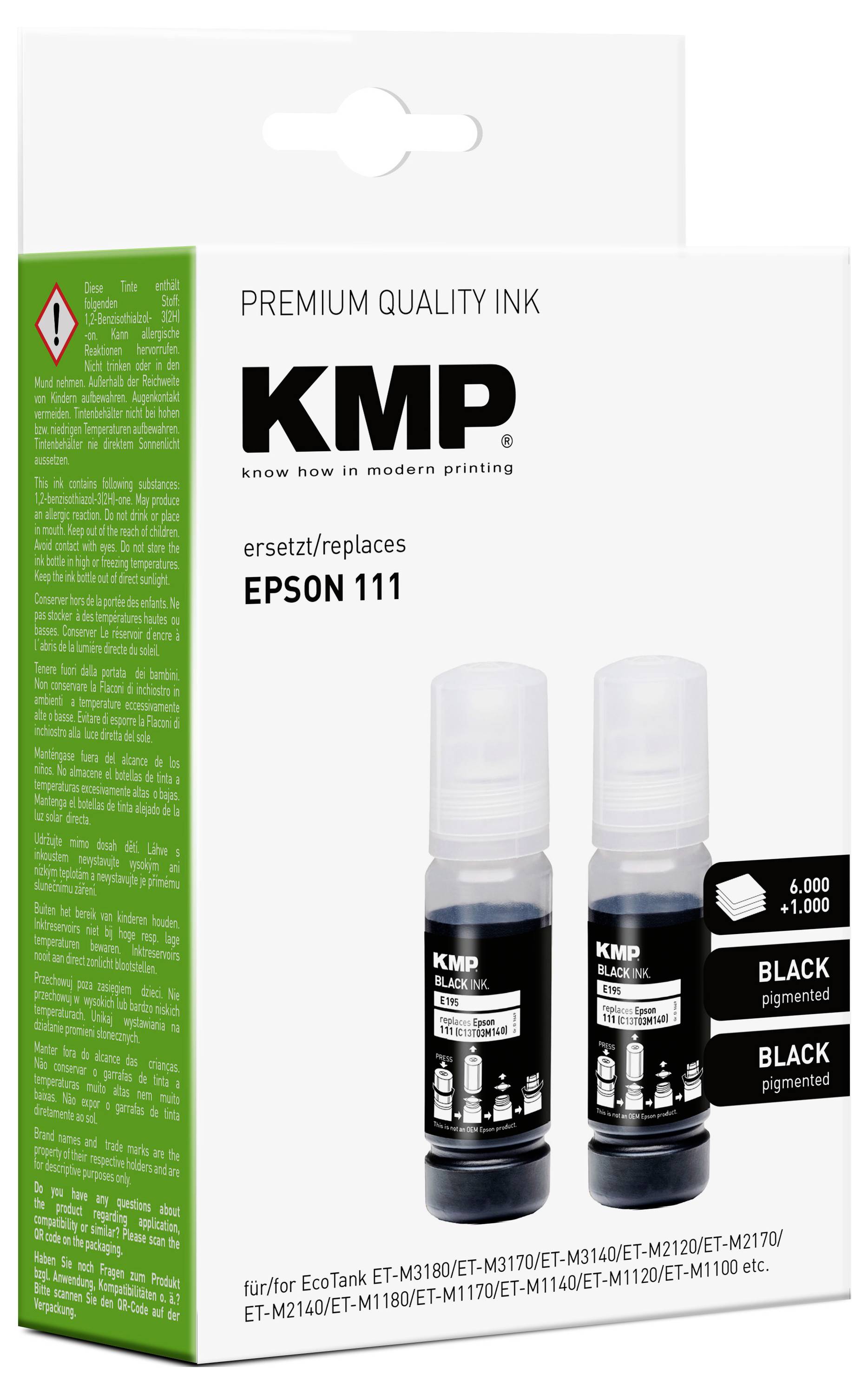 KMP Premium Qualitäts-Tinte ersetzt EPSON 111; enthält zwei schwarze Pigmenttintenfläschchen; kompatibel mit verschiedenen EcoTank-Modellen.