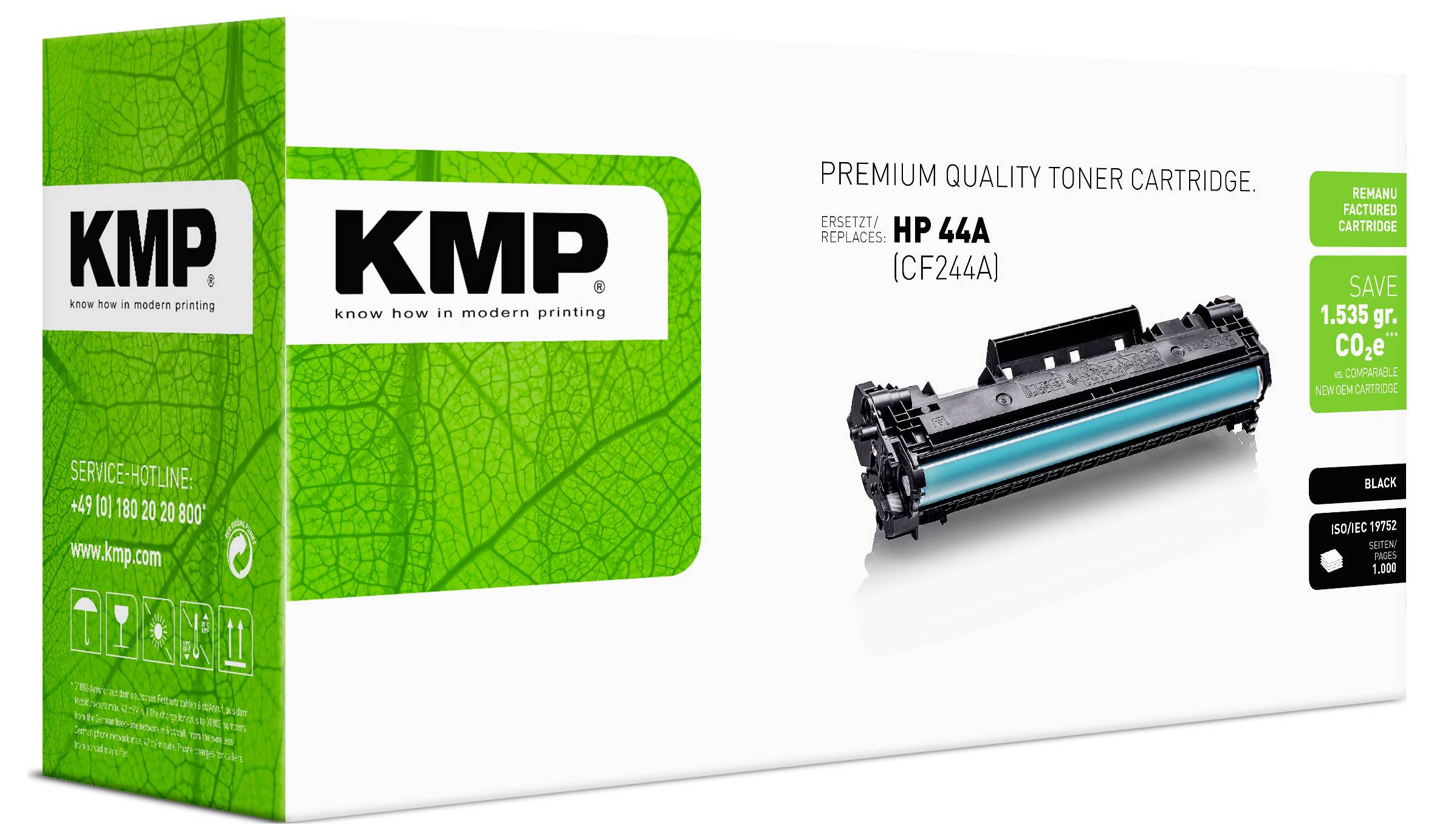 KMP Premium-Qualität Tonerkartusche Verpackung für HP 44A (CF244A), zeigt eine schwarze Drucker-Tonereinheit und grünes KMP-Branding.