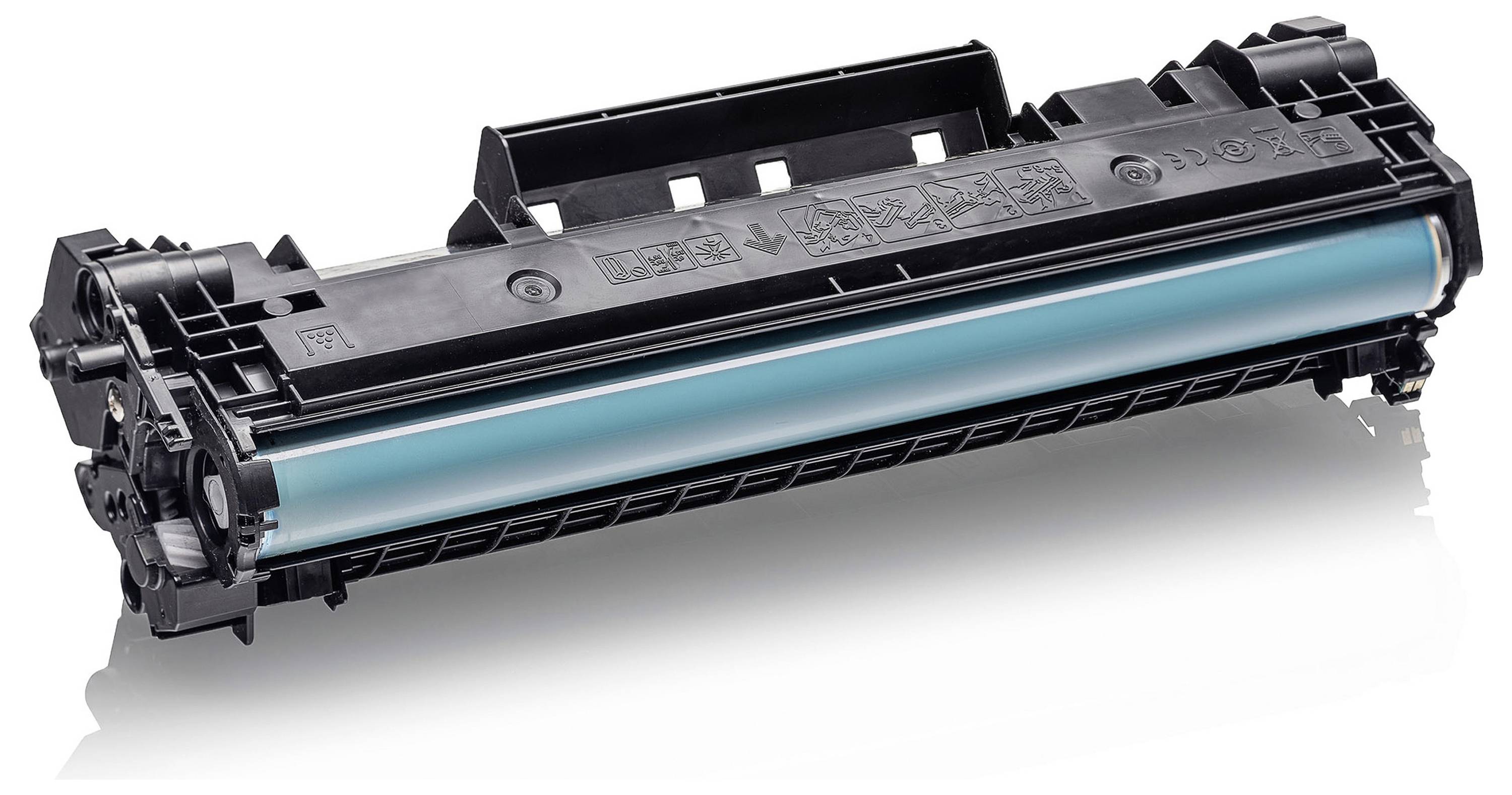 Schwarze Druckertonerpatrone mit einem cyan Trommelstreifen, isoliert auf weißem Hintergrund dargestellt.