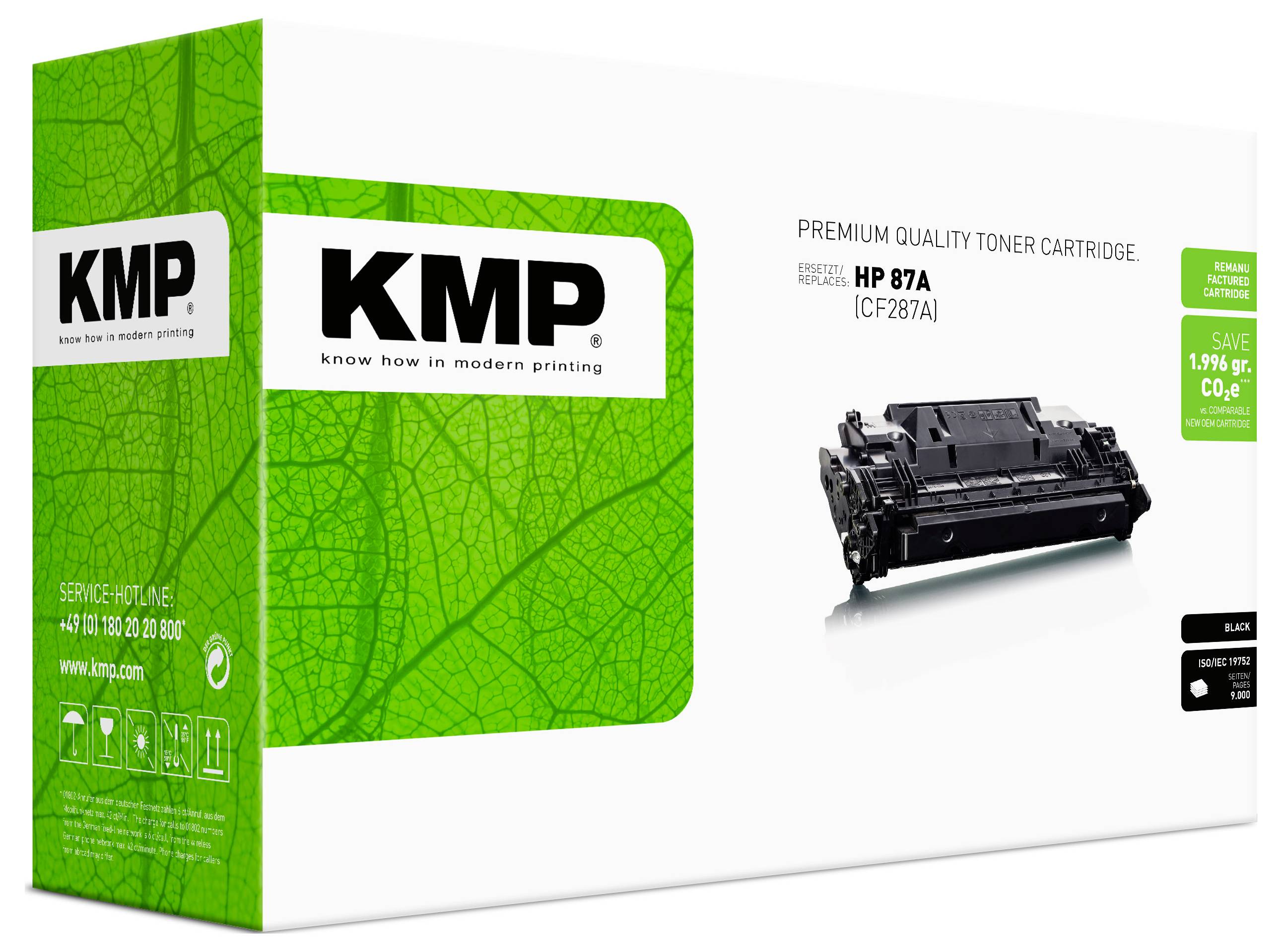 KMP Premium-Qualität Tonerkartuschen-Paket für HP 87A (CF287A), gezeigt in Grün und Weiß mit Kartuschenabbildung und schwarzem Toneretikett.