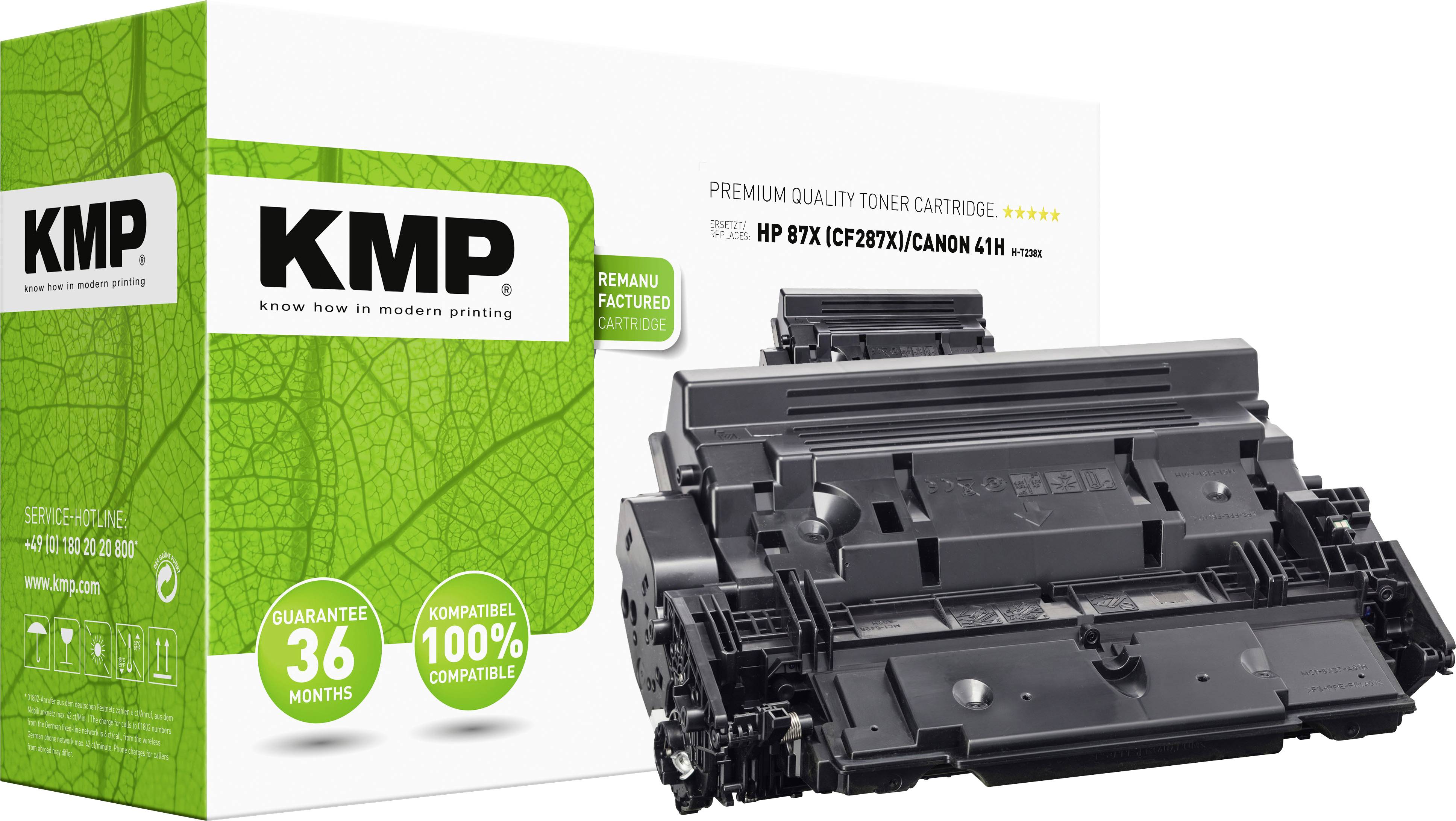 Tonerkartusche und Verpackung der Marke KMP, geeignet für HP und Canon Drucker, mit 36 Monaten Garantie und 100% Kompatibilität.