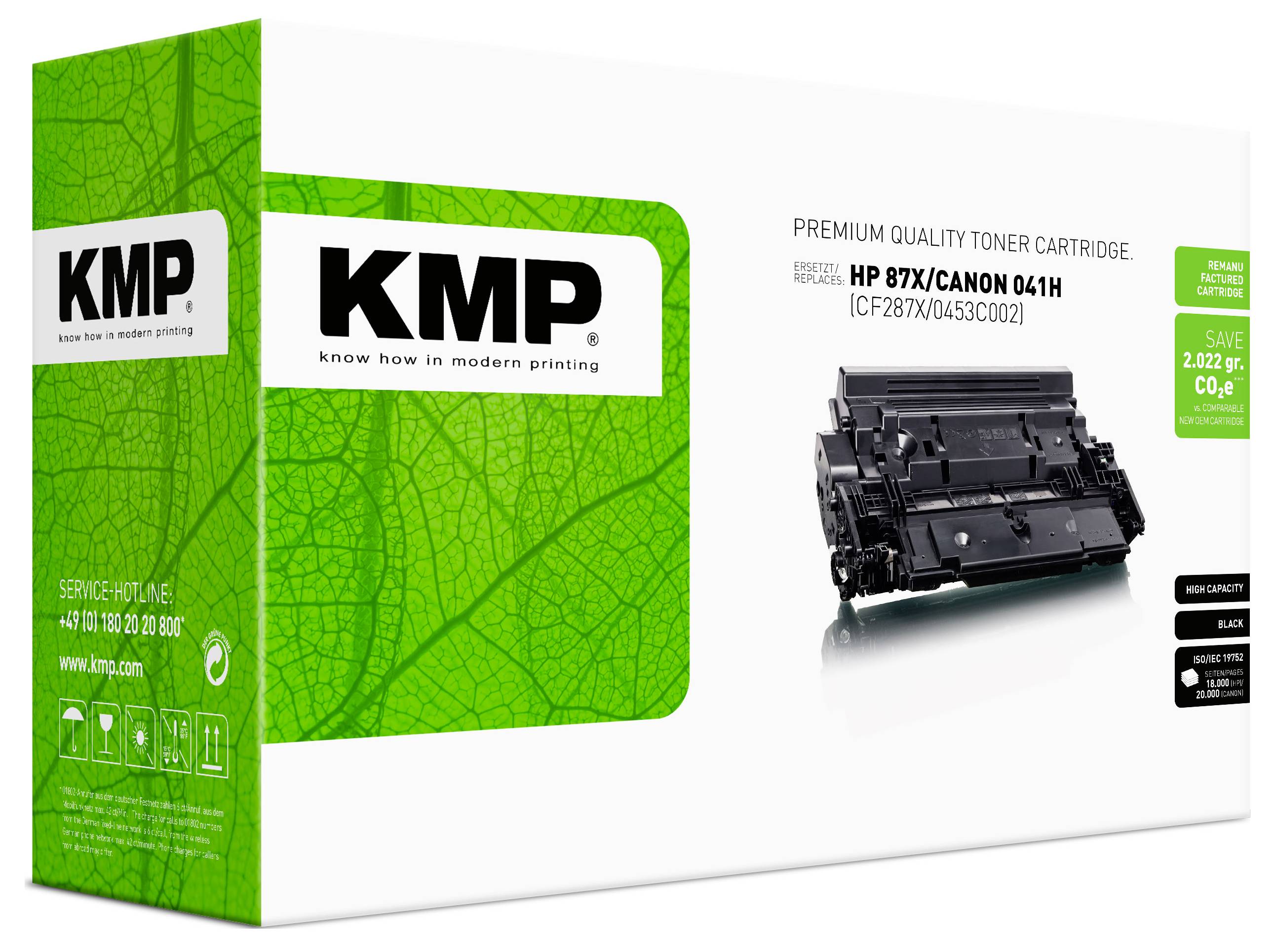 KMP Premium-Qualität Tonerkartusche für HP 87X/Canon 041H, in grüner Verpackung gezeigt mit der Kartusche auf der Vorderseite abgebildet.