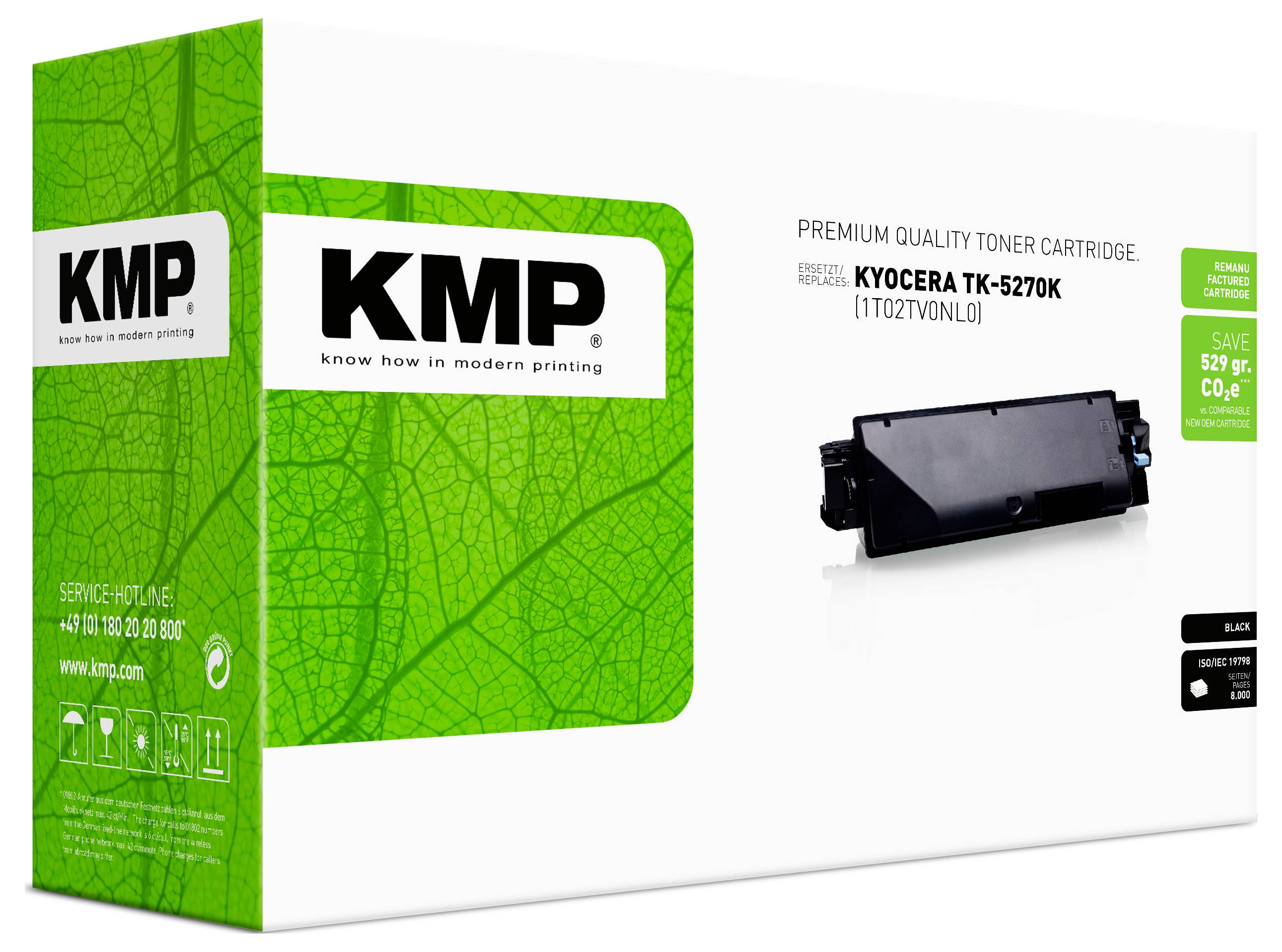 KMP Premium-Qualität Tonerkartusche Verpackung für Kyocera TK-5270K, gezeigt mit einer schwarzen Tonerkartusche auf einer weißen Schachtel mit grünem Blattdesign.