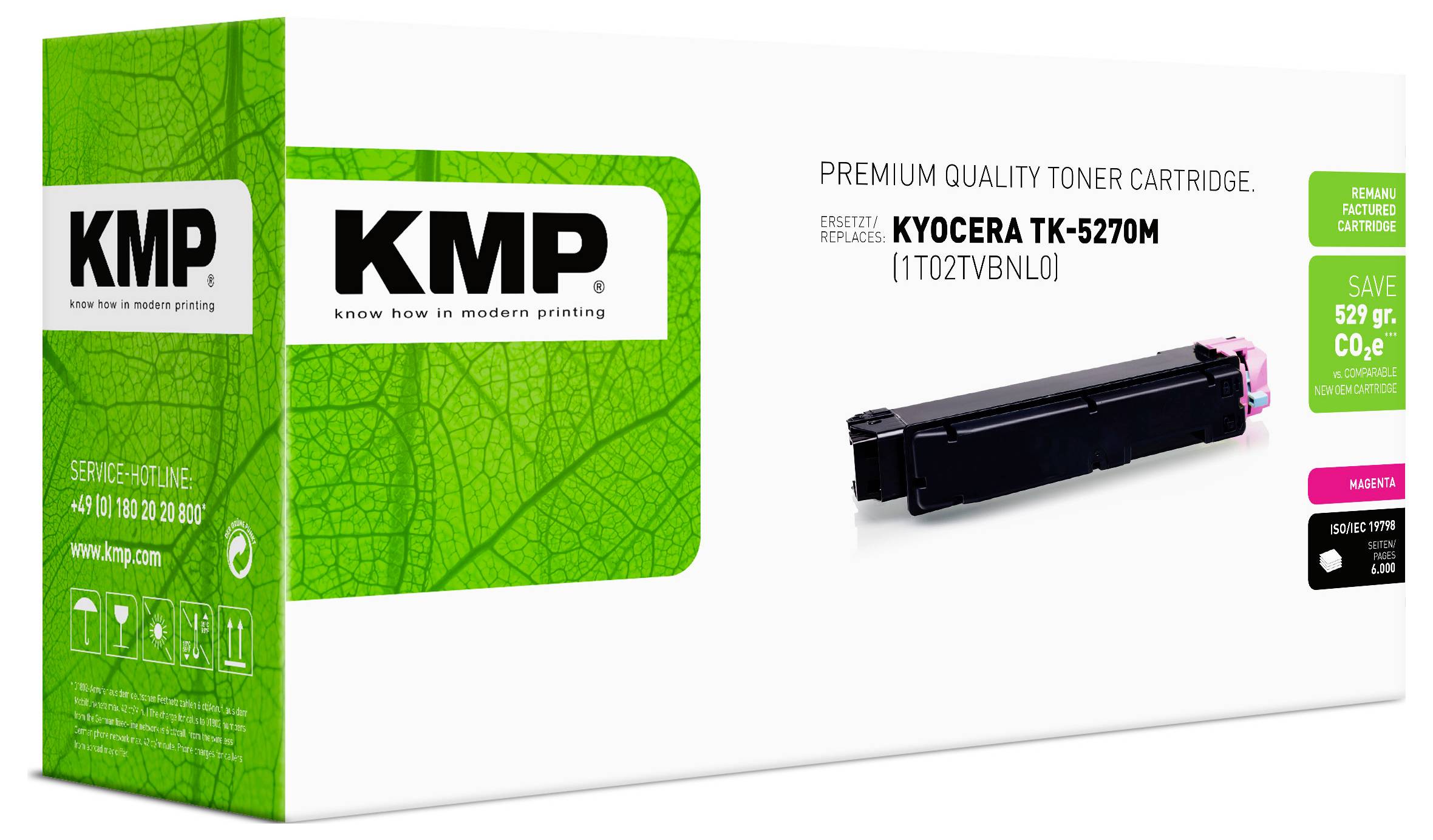 KMP Premium-Qualität Tonerkassette Verpackung für Kyocera TK-5270M, gezeigt mit einer schwarzen Tonerkassette und grüner Markengestaltung.