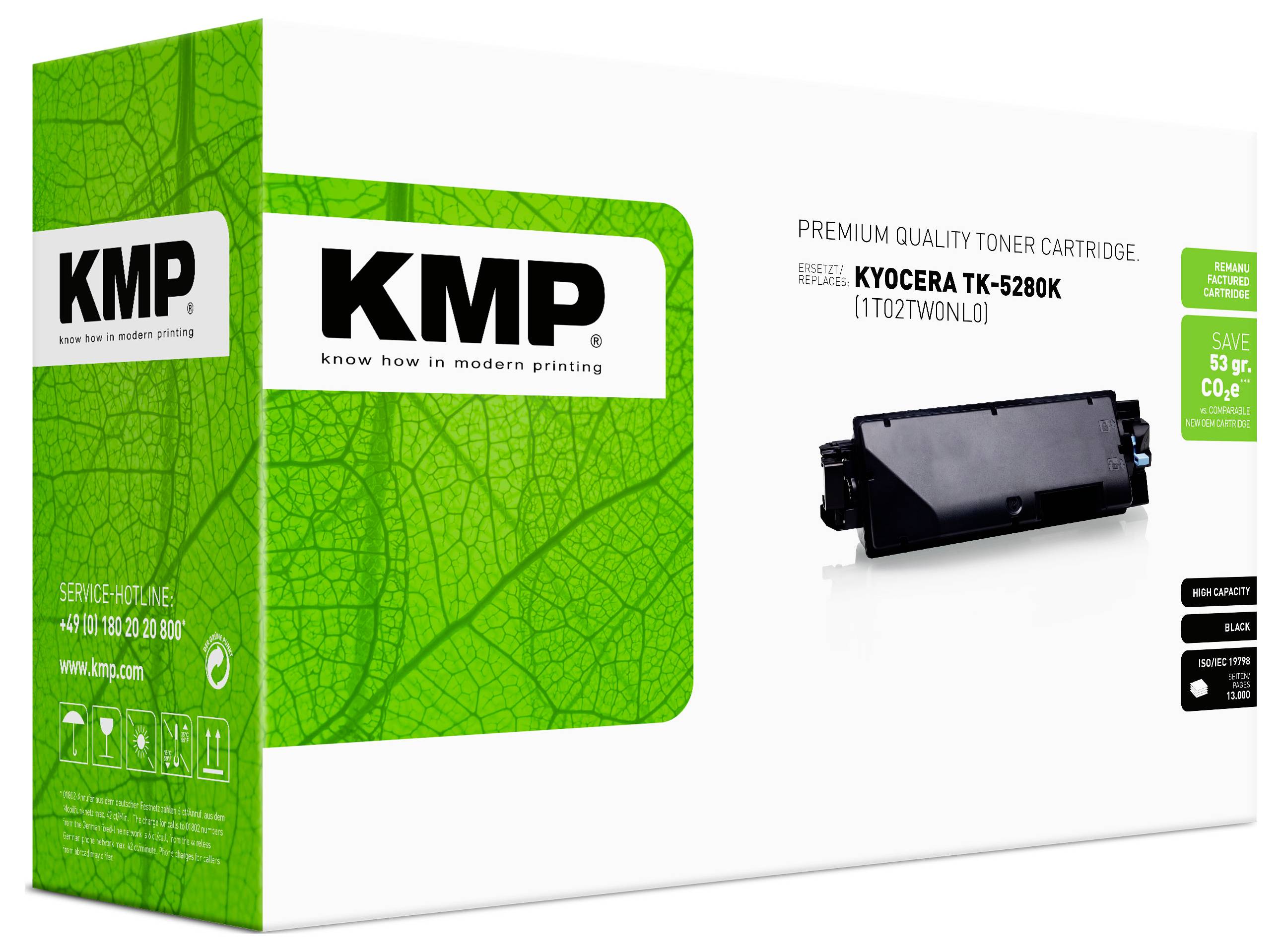 KMP Premium-Qualität Tonerpatrone Verpackung für Kyocera TK-5280K, gezeigt mit der schwarzen Tonerpatrone und grüner Markenbox.