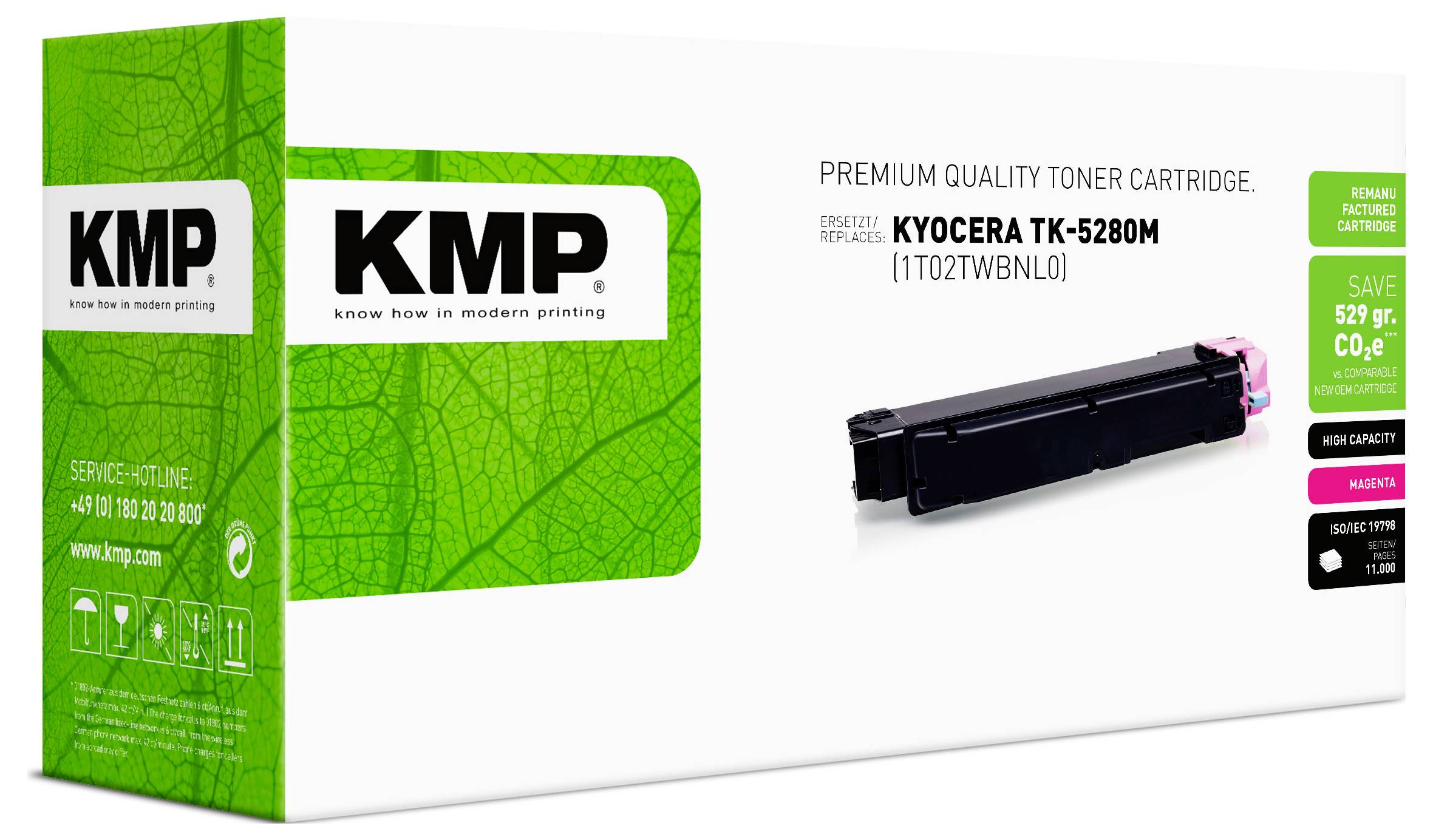 KMP Premium-Qualität Tonerpatrone Verpackung für Kyocera TK-5280M, gezeigt mit einer schwarzen Patrone und grüner recycelbarer Verpackung.