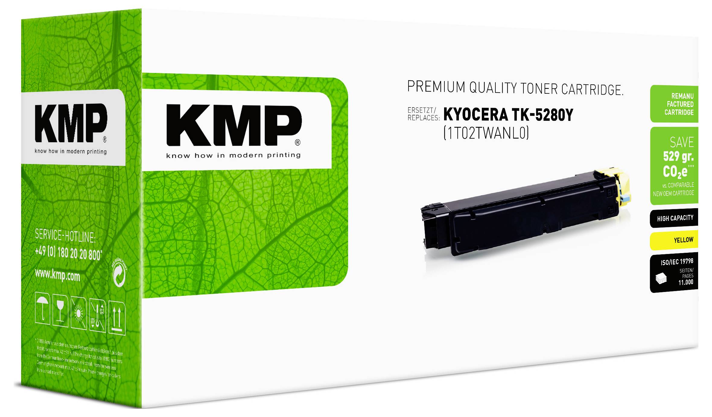 KMP Premium-Tonerkassette für Kyocera TK-5280Y mit einer schwarzen Tonerkassette und grünem KMP-Branding auf einer weißen Schachtel.