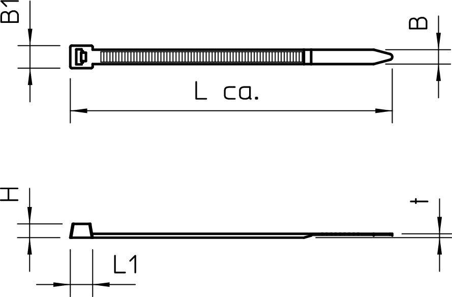 Technische Zeichnung eines Kabelbinders mit Maßangaben: Länge L ca., Breite B, Höhe H, Länge L1 und Dicke t.
