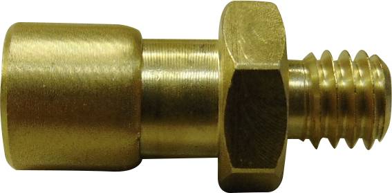 Eine goldfarbene, zylindrische Metallverschraubung mit Schraubgewinde und sechseckigem Ansatz, typischerweise für Rohrverbindungen verwendet.