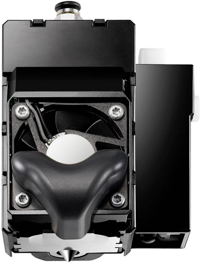 Schwarzes, mechanisches Gerät, möglicherweise ein technisches Bauteil mit sichtbarem Lüfter, Befestigungsschrauben und Anschlüssen.