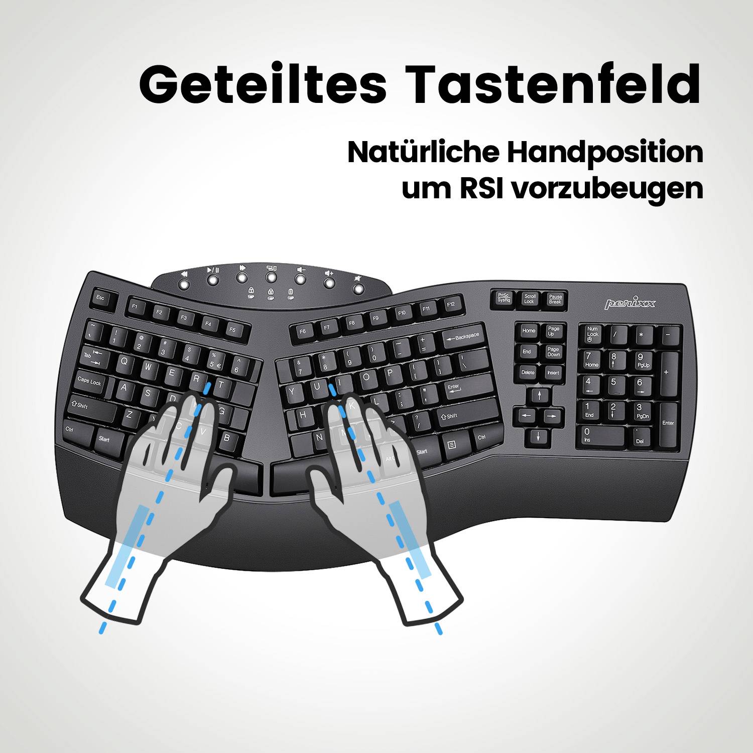 Perixx PERIBOARD-612BDE Bluetooth® Tastatur Deutsch, QWERTZ Schwarz Ergonomisch, Handballenauflage, Multimediatasten
