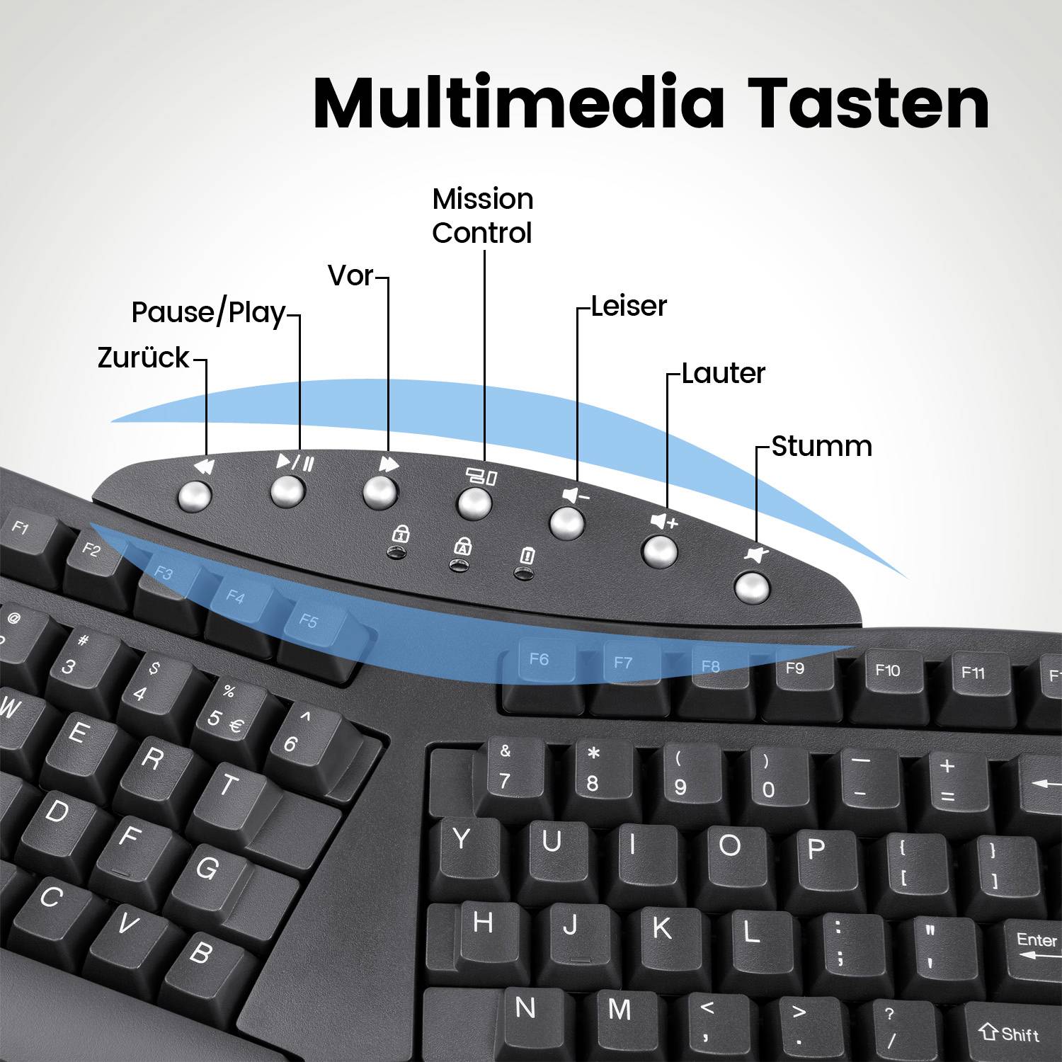 Perixx PERIBOARD-612BDE Bluetooth® Tastatur Deutsch, QWERTZ Schwarz Ergonomisch, Handballenauflage, Multimediatasten