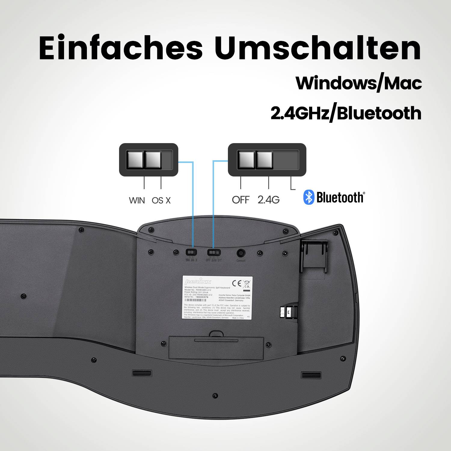 Perixx PERIBOARD-612BDE Bluetooth® Tastatur Deutsch, QWERTZ Schwarz Ergonomisch, Handballenauflage, Multimediatasten