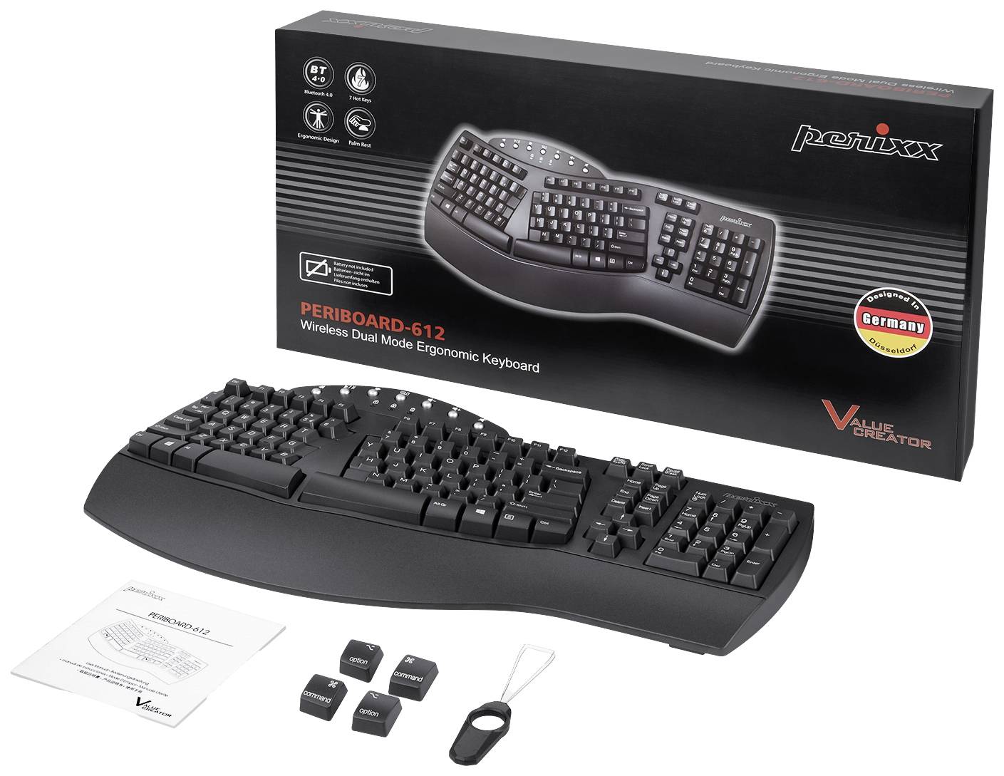 Perixx PERIBOARD-612BDE Bluetooth® Tastatur Deutsch, QWERTZ Schwarz Ergonomisch, Handballenauflage, Multimediatasten