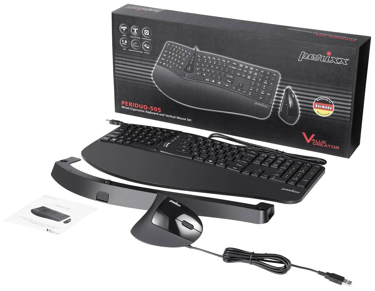 Perixx PERIDUO-505BDE USB Tastatur, Maus-Set Deutsch, QWERTZ Schwarz Ergonomisch, Handballenauflage, Multimediatasten