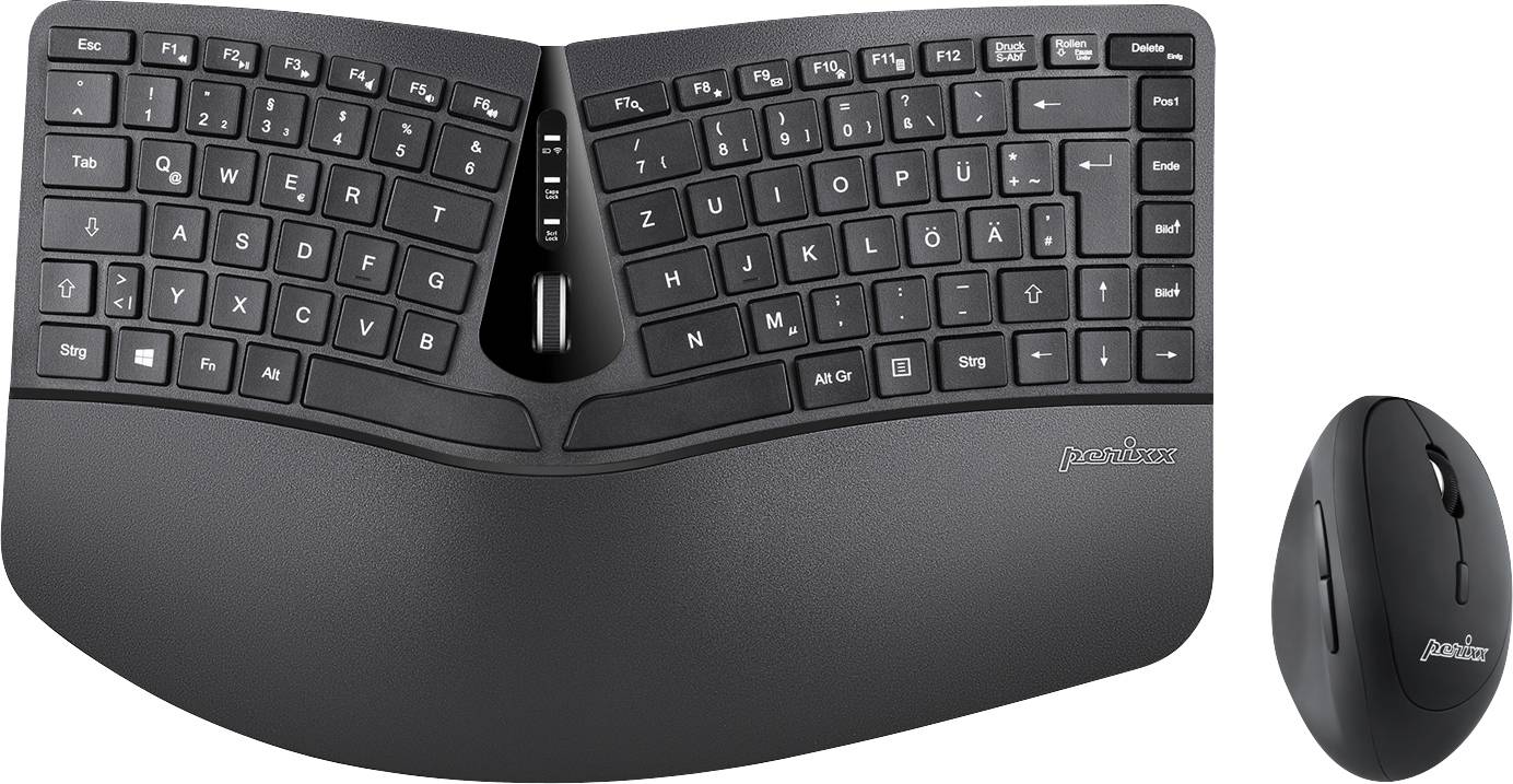 Perixx PERIDUO-606BDE Funk Tastatur, Maus-Set Deutsch, QWERTZ Schwarz Ergonomisch, Multimediatasten, Handballenauflage