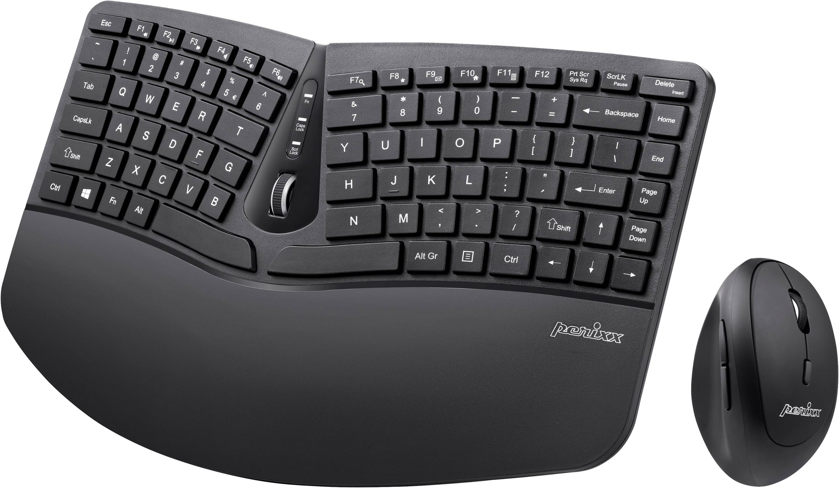 Perixx PERIDUO-606BDE Funk Tastatur, Maus-Set Deutsch, QWERTZ Schwarz Ergonomisch, Multimediatasten, Handballenauflage