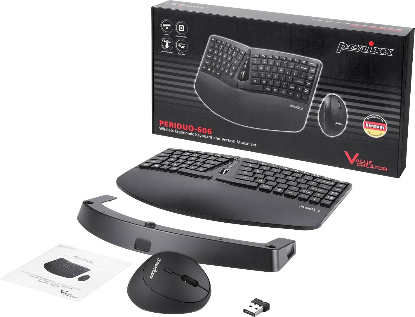 Perixx PERIDUO-606BDE Funk Tastatur, Maus-Set Deutsch, QWERTZ Schwarz Ergonomisch, Multimediatasten, Handballenauflage
