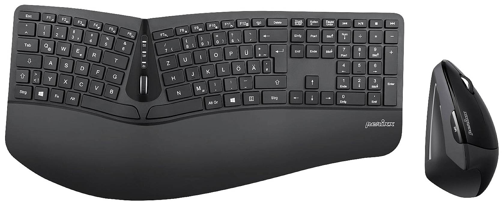 Perixx PERIDUO-605BDE Funk Tastatur, Maus-Set Deutsch, QWERTZ Schwarz Ergonomisch, Multimediatasten, Handballenauflage