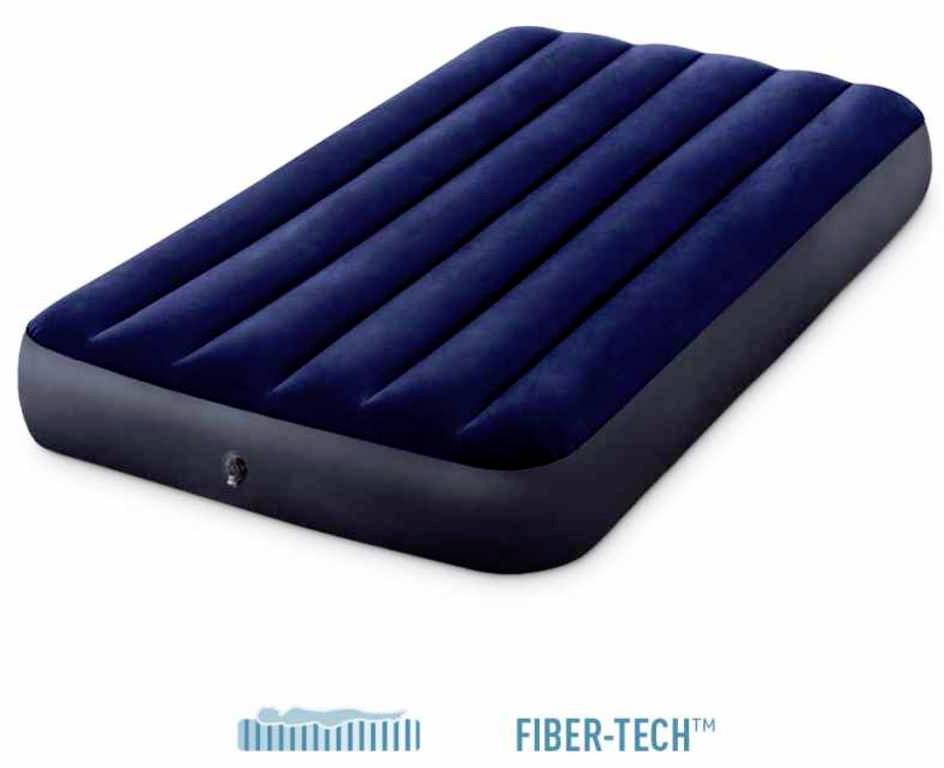 Eine dunkelblaue Luftmatratze mit 'Fiber-Tech'-Technologie, rechteckig, für den Innenbereich konzipiert.