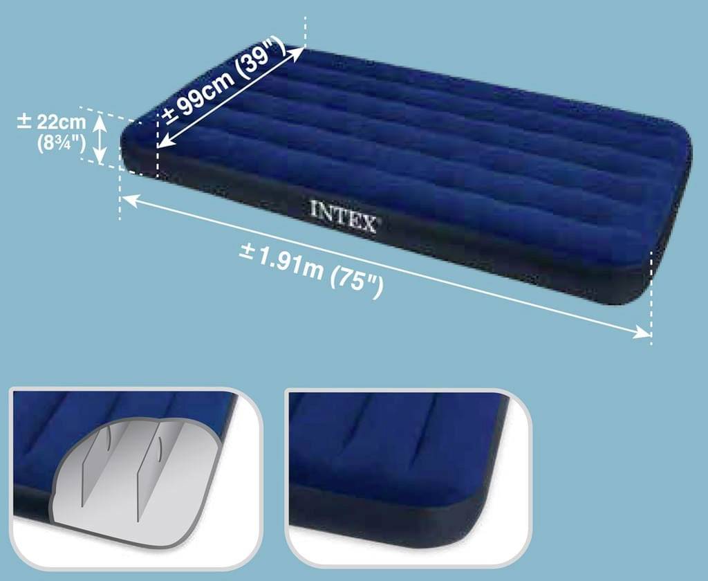 Aufblasbare Matratze mit Maßen: 1,91 m x 99 cm x 22 cm. Dunkelblaues Design mit integriertem Luftkanalsystem für Stabilität und Komfort.
