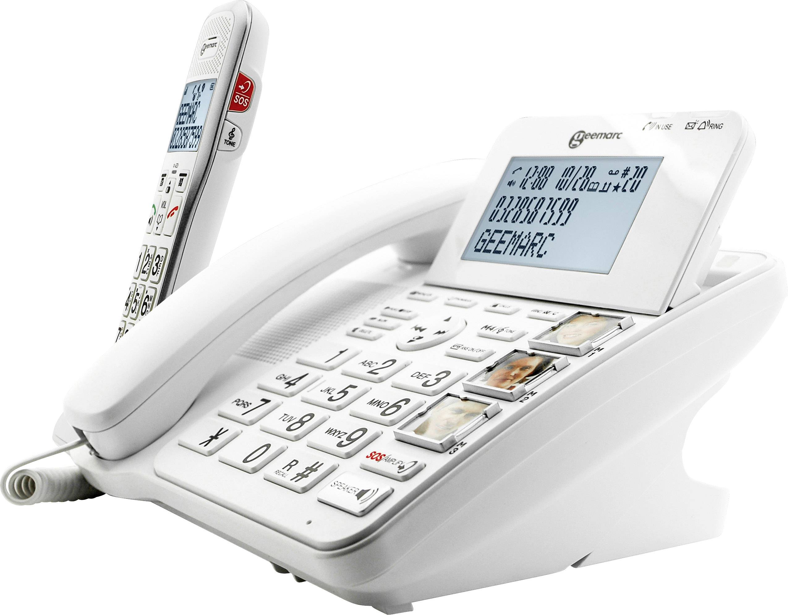 Telefon mit großen Tasten, Display und schnurloser Mobilteil. Geeignet für Menschen mit eingeschränktem Sehvermögen oder Hörvermögen.