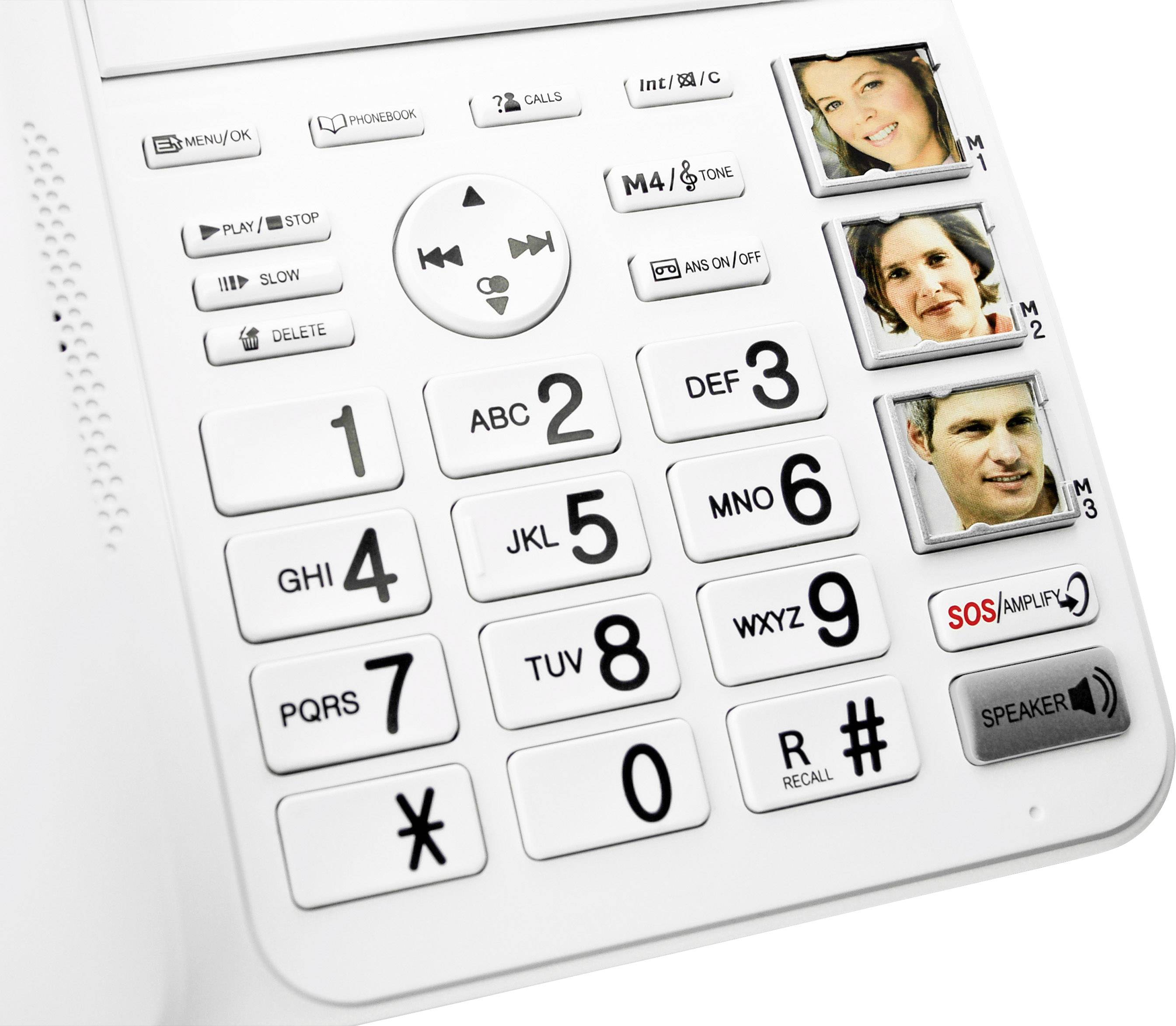 Ein weißes Telefon mit großen Tasten, darunter Bilder von drei Personen neben Kurzwahltasten. Eine SOS-Taste ist rot markiert.