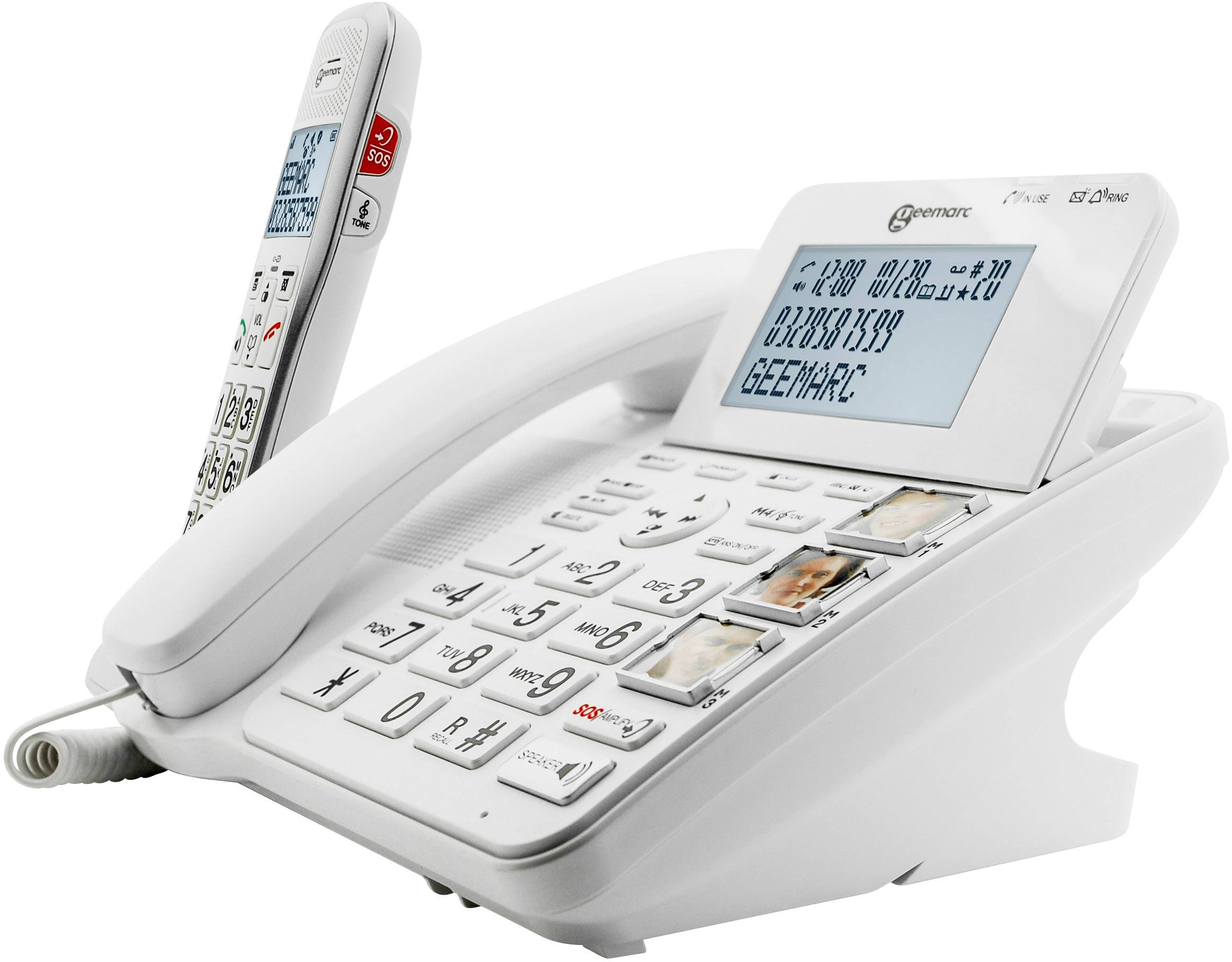 Festnetztelefon mit großen Tasten und Display, das eine Telefonnummer zeigt. Auf der Rückseite steht ein schnurloses Mobilteil.