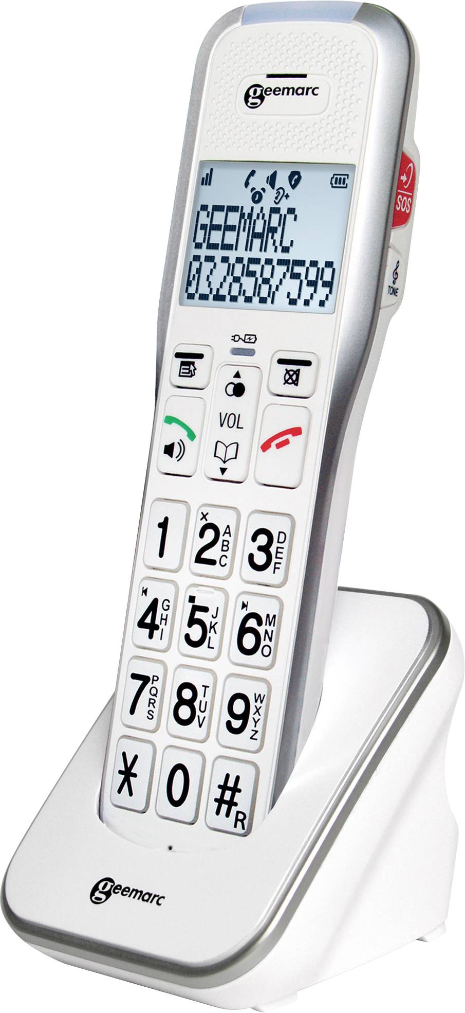 Das Bild zeigt ein schnurloses Telefon mit großen Tasten und einem beleuchteten Display, das die Nummer '0320587599' anzeigt.