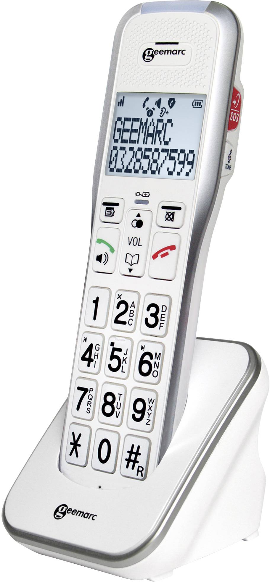 Ein schnurloses Telefon mit großen, gut lesbaren Tasten und Display, ausgelegt für einfache Bedienung und Barrierefreiheit.