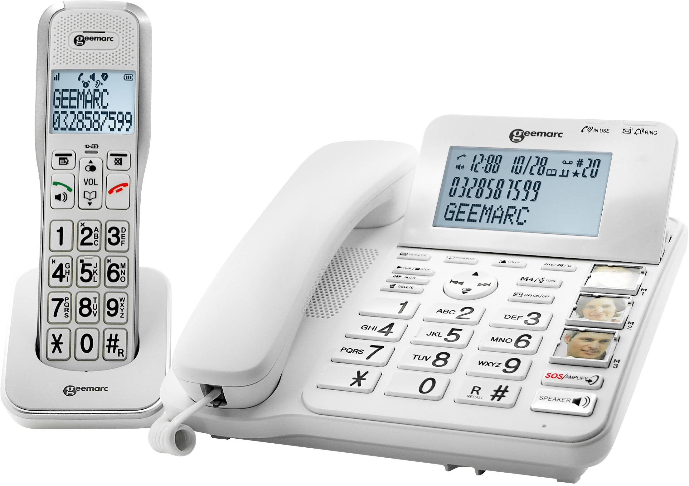 Schnurloses und schnurgebundenes Telefon mit großen Tasten und Displayanzeigen mit der Nummer 0320857599.