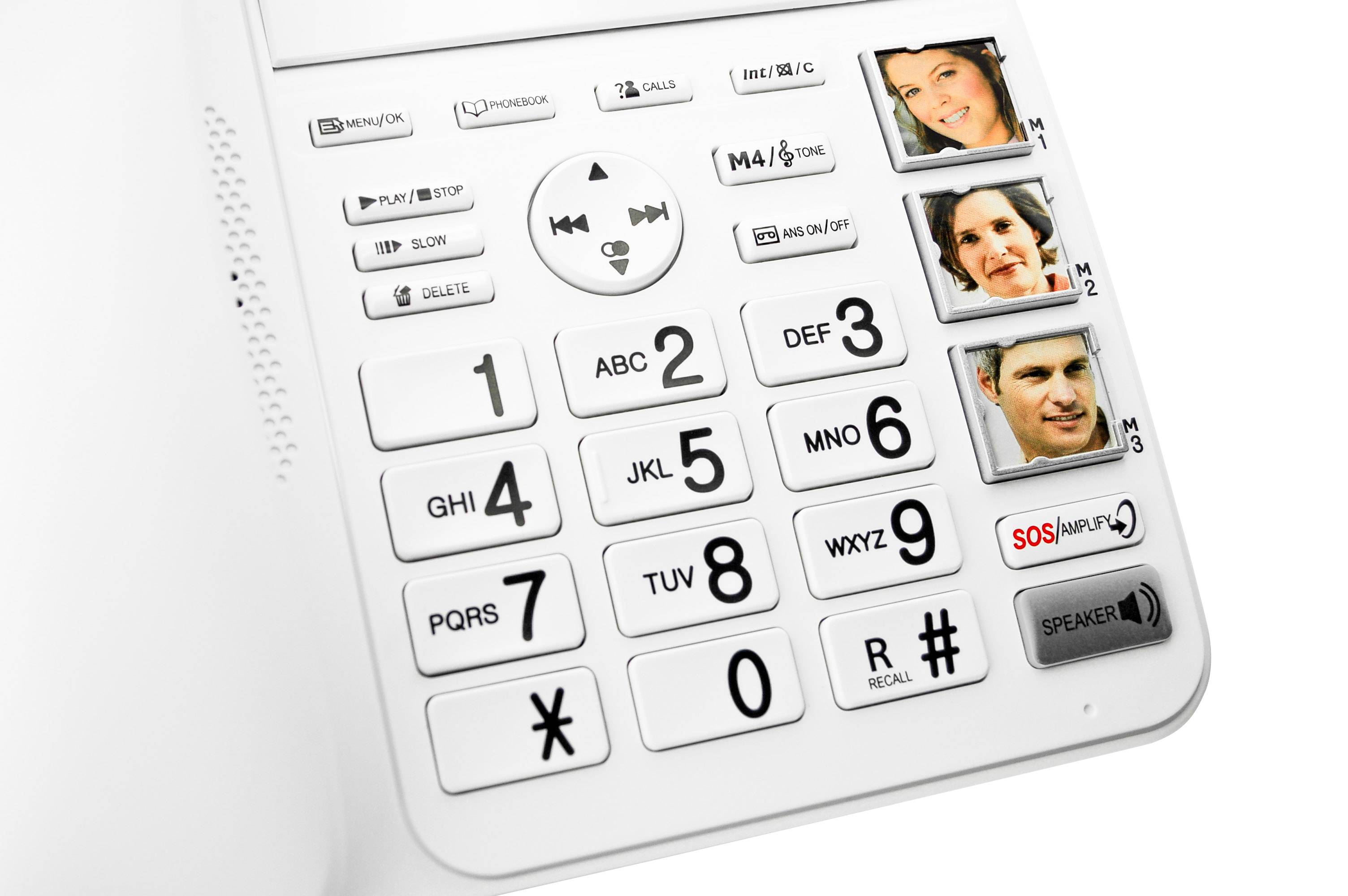 Weißes Telefon mit großen Tasten und drei speicherbaren Kontakttasten mit Fotos von Personen. Ideal für einfache Anrufe.