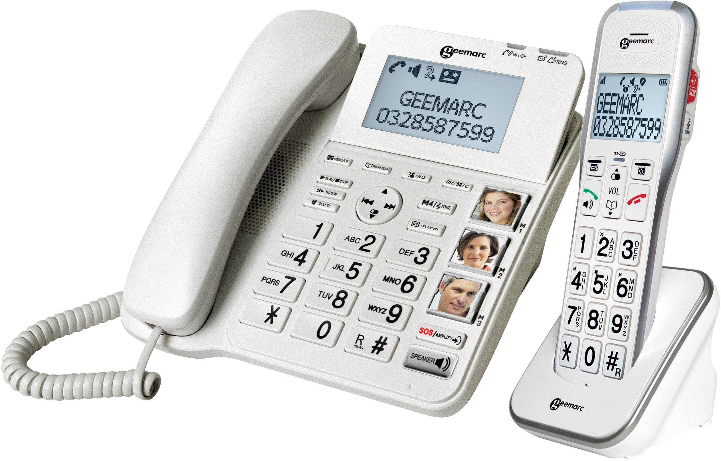 Telefonsystem mit Kabel- und schnurlosem Handgerät. Großer Bildschirm zeigt 'GEEMARC 0328587599'. Große Tasten, Fototasten.