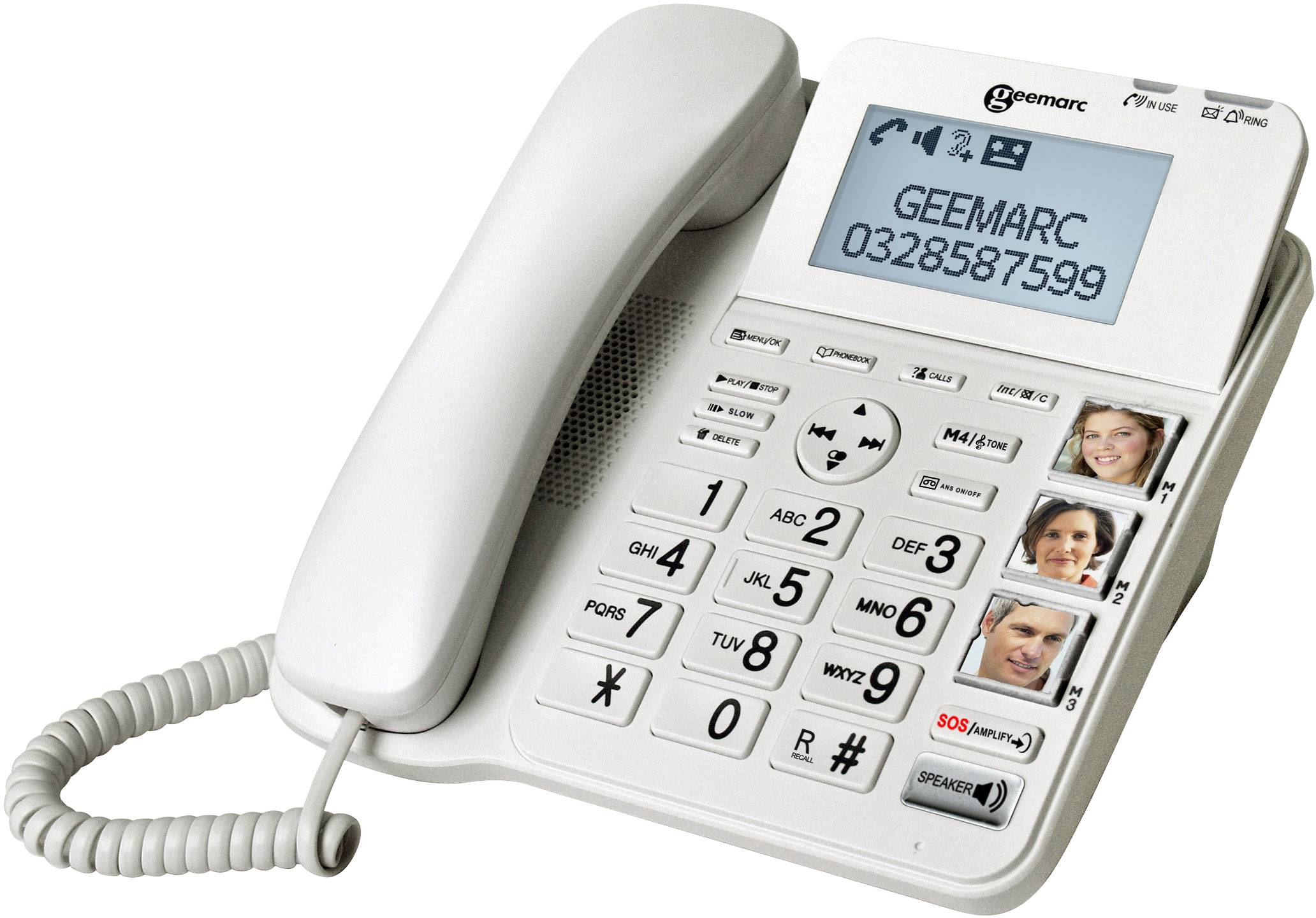 Weißes Festnetztelefon mit großen Tasten und Fotowähltasten, die es Nutzern erleichtern, häufig gewählte Nummern zu speichern.