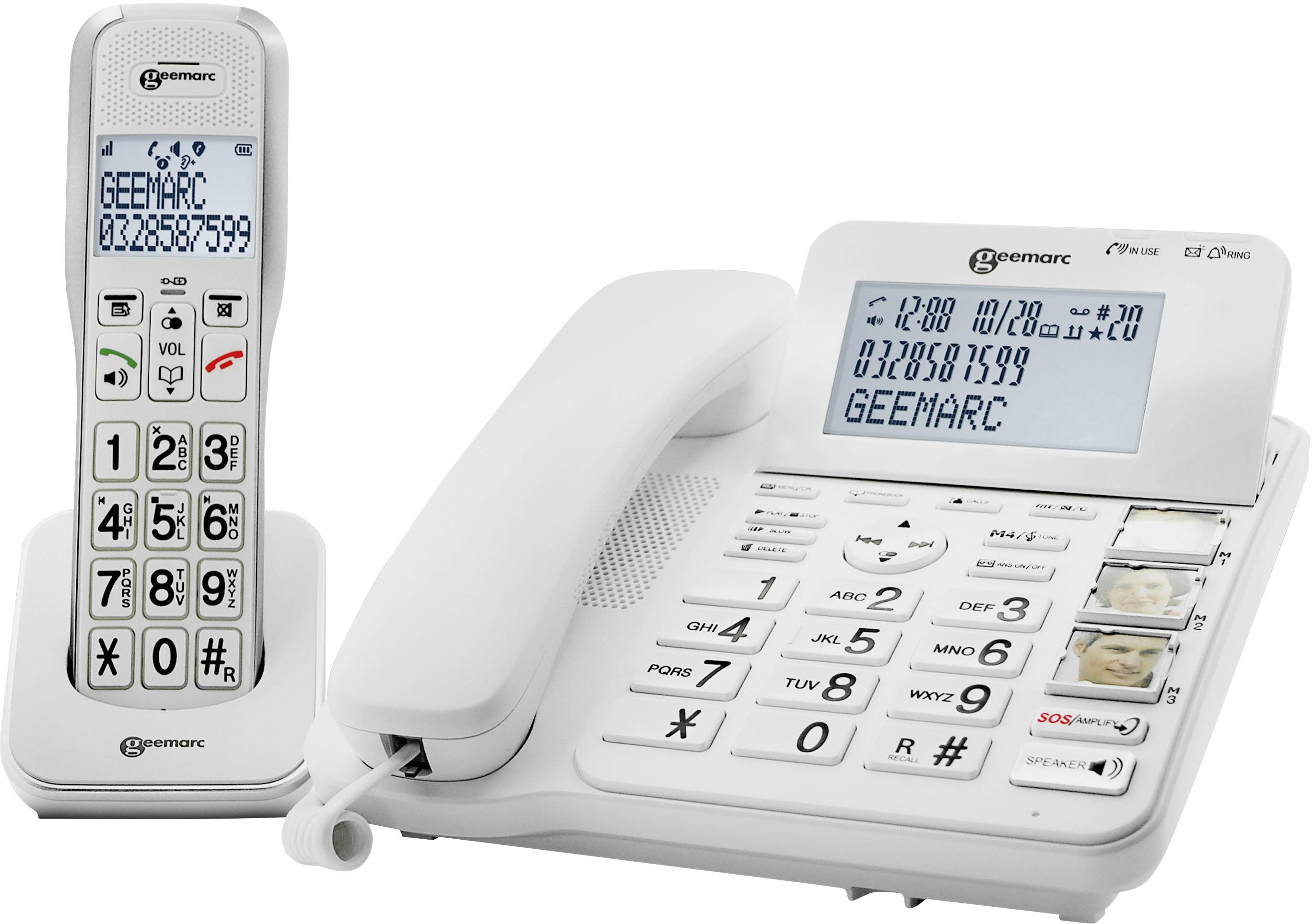 Schnurloses DECT-Telefon mit Basisstation und großen, gut lesbaren Tasten. Bildschirm zeigt 'GEEMARC 0328857599'.