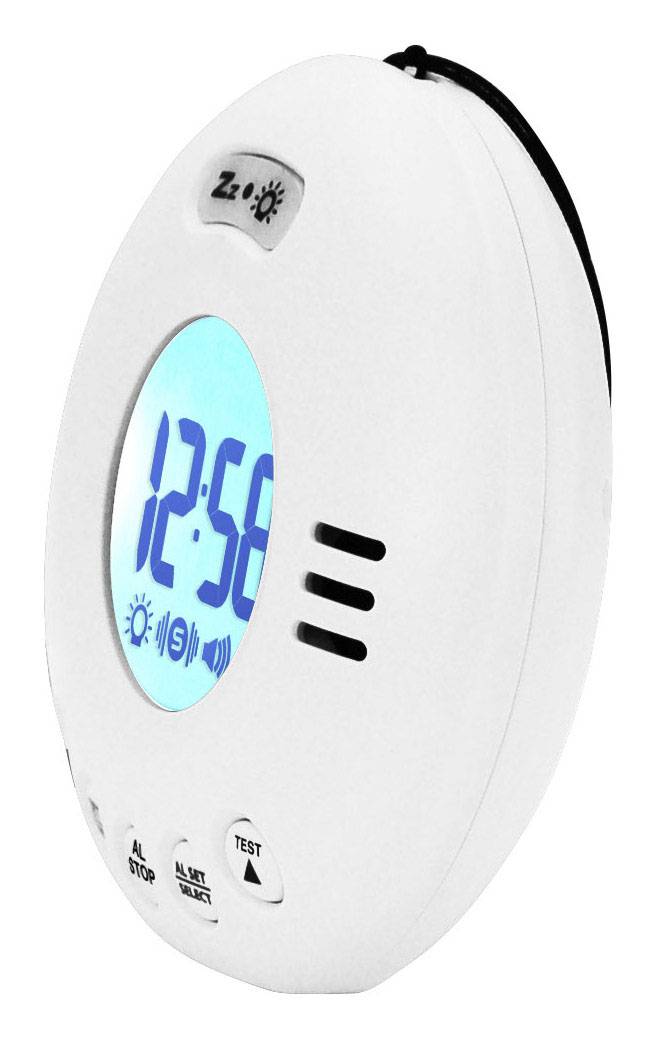 Ein ovaler digitaler Wecker mit blau beleuchtetem Display zeigt 