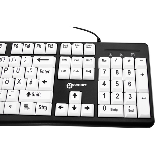 Geemarc KBSV3 USB Tastatur Deutsch, QWERTZ Weiß, Schwarz Extragroße Tasten, Multimediatasten, USB-A