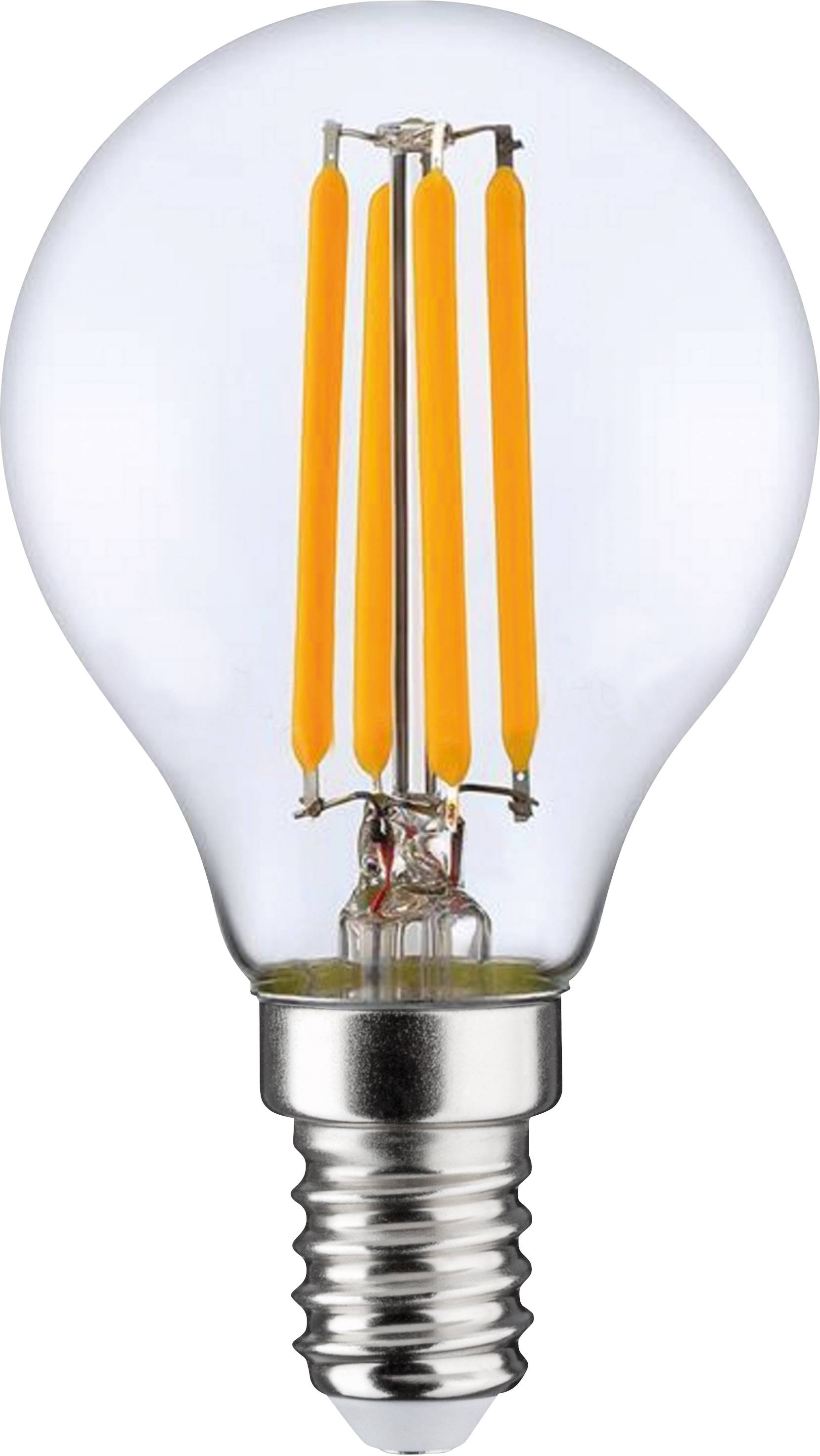 Glühbirne mit LED-Filamenten, E14-Sockel, transparentes Glas.
