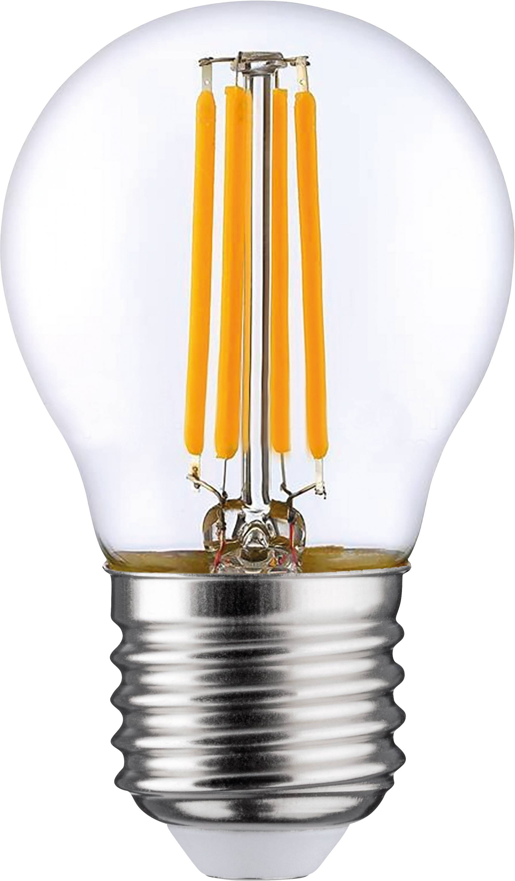 Eine LED-Glühbirne mit Filamentstruktur und E27-Sockel, transparentes Glas, energiesparend, geeignet für verschiedene Leuchten.