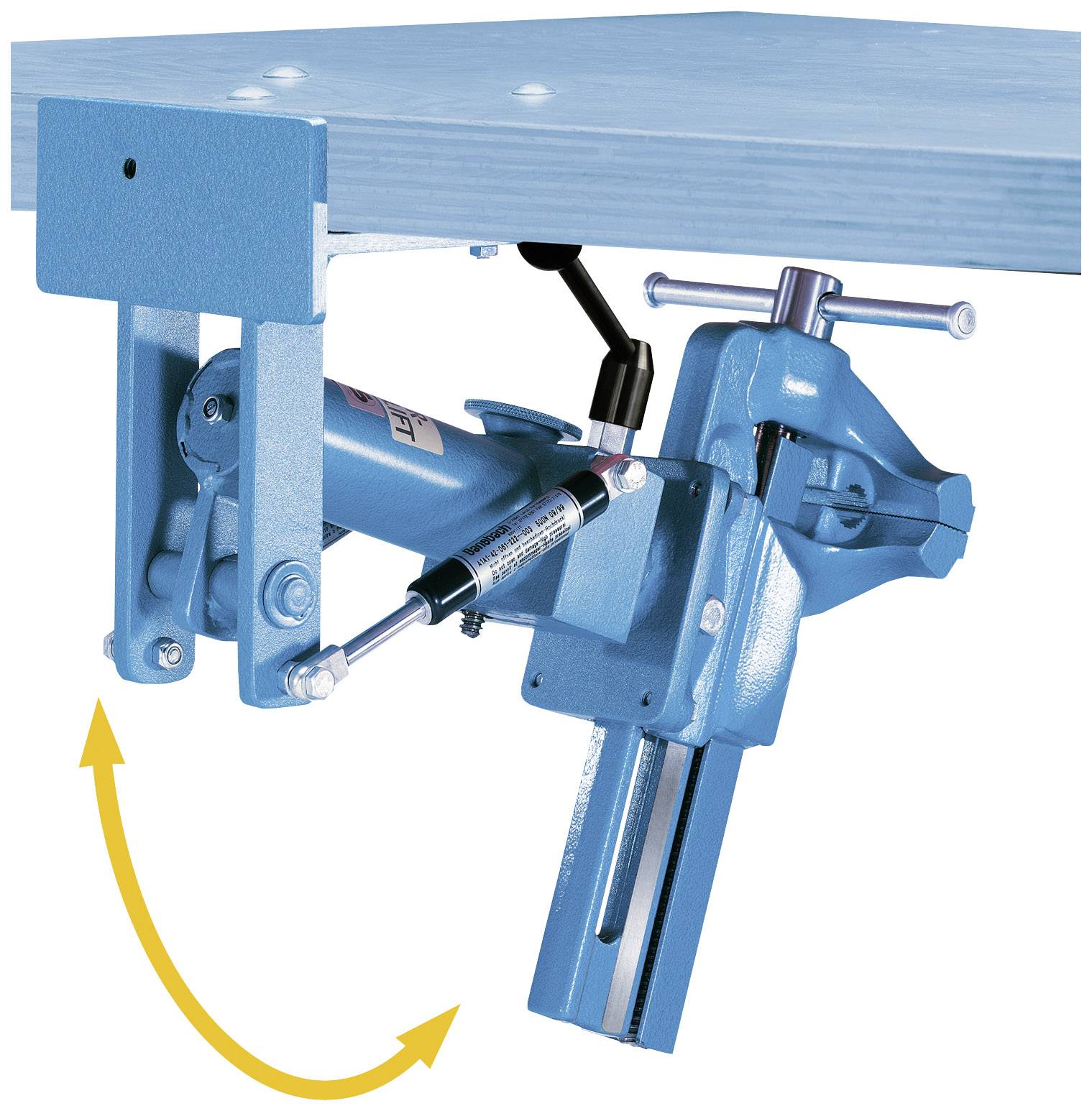 Mechanische Vorrichtung zur Höhenverstellung eines blauen Arbeitstisches mit Hydraulikzylinder und Schraubzwinge zur Fixierung.