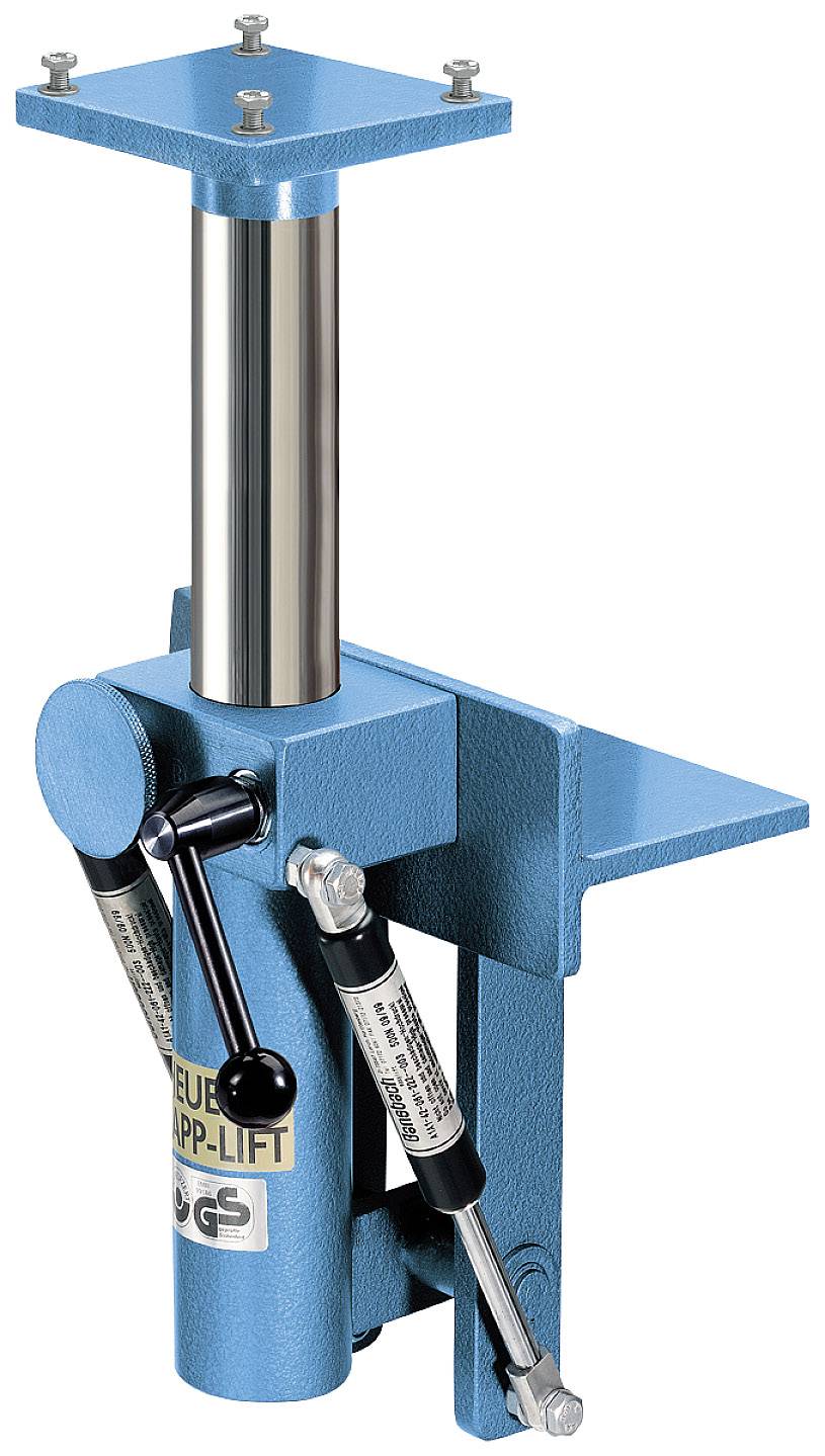 Eine blaue, mechanische Hebevorrichtung mit einem Hebel und zwei Hydraulikzylindern, ausgelegt für die Einstellung und Unterstützung schwerer Lasten.