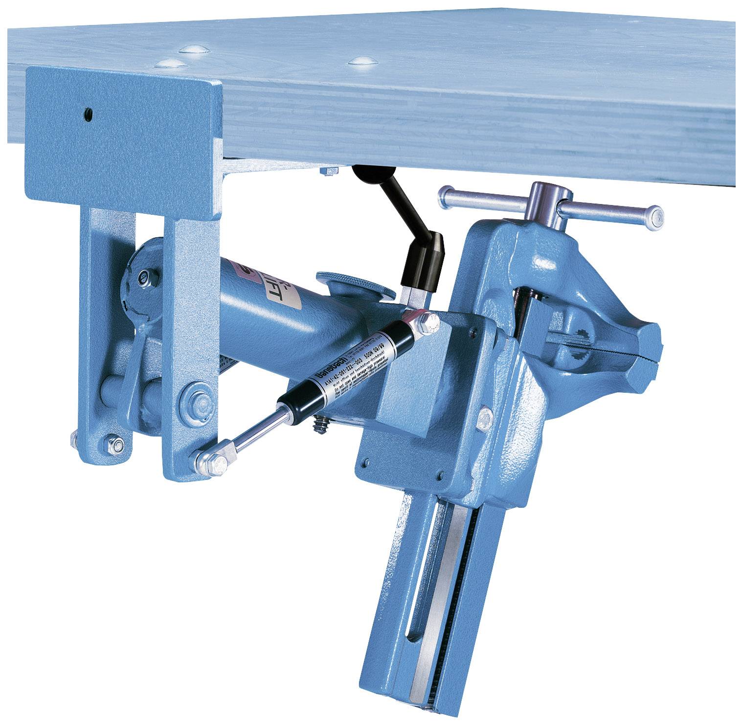 Ein blauer Schraubstock an einer Werkbank befestigt, mit einem hydraulischen Hebel zur Stabilisierung und Anpassung der Position.