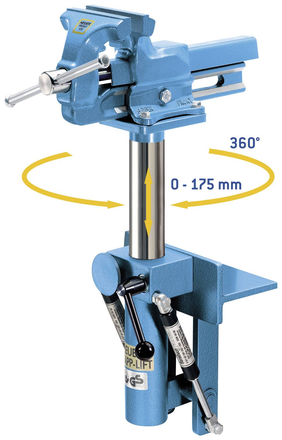 Ein blauer Schraubstock, der um 360 Grad drehbar ist und eine Höhenverstellung von 0 bis 175 mm ermöglicht.