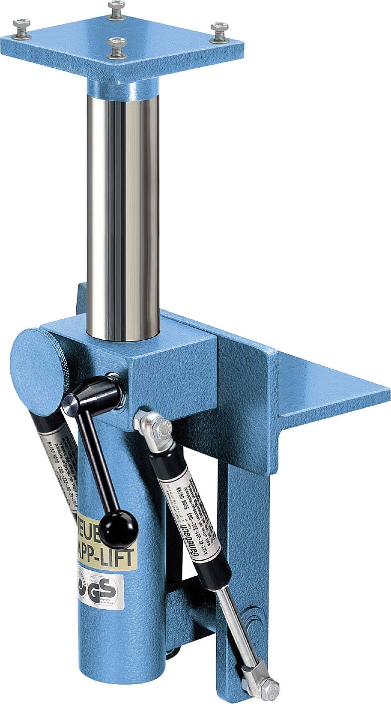 Hydraulischer Maschinenheber mit blauer Lackierung, Hebelarm und robustem Zylinder zur sicheren Lastaufnahme und Hebebewegungen.