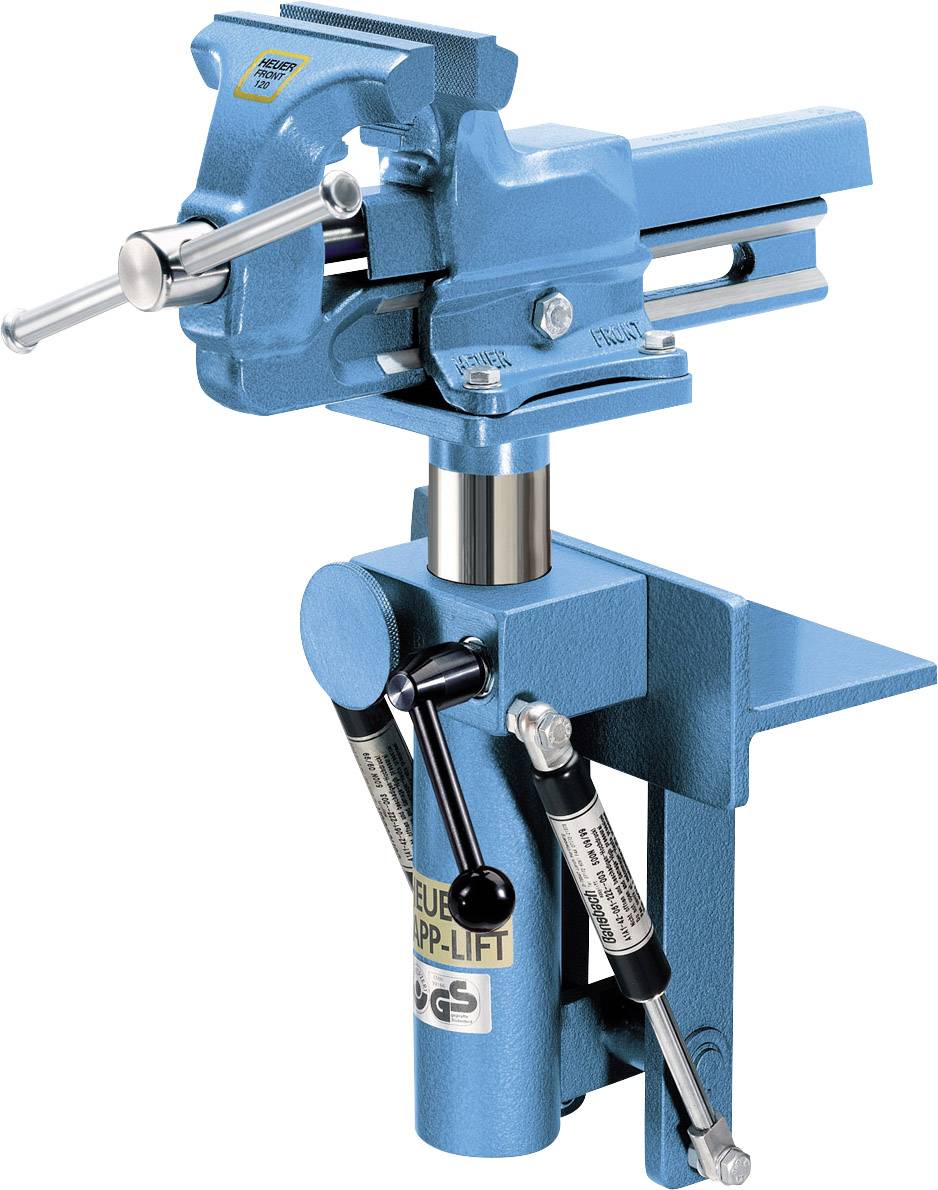 Ein blauer Schraubstock mit Hebelmechanismus zur Höhenverstellung. In Industrieumgebung verwendet, montiert auf einem Arbeitstisch.