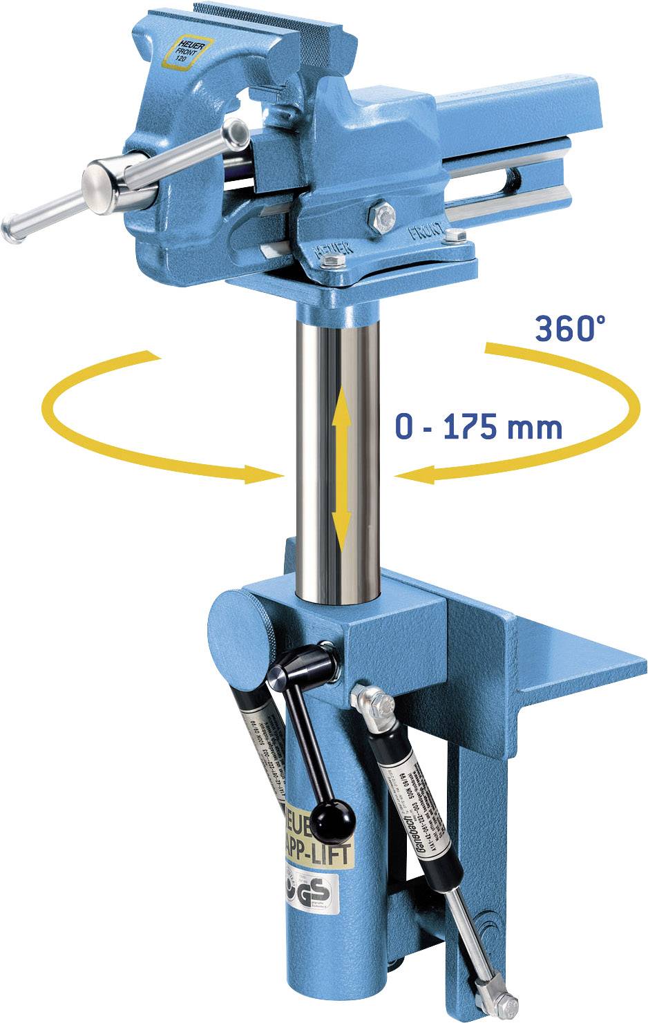 Blauer Schraubstock mit verstellbarer 360°-Drehung und Höhenverstellung von 0 bis 175 mm, montiert auf einem Werkstattständer.