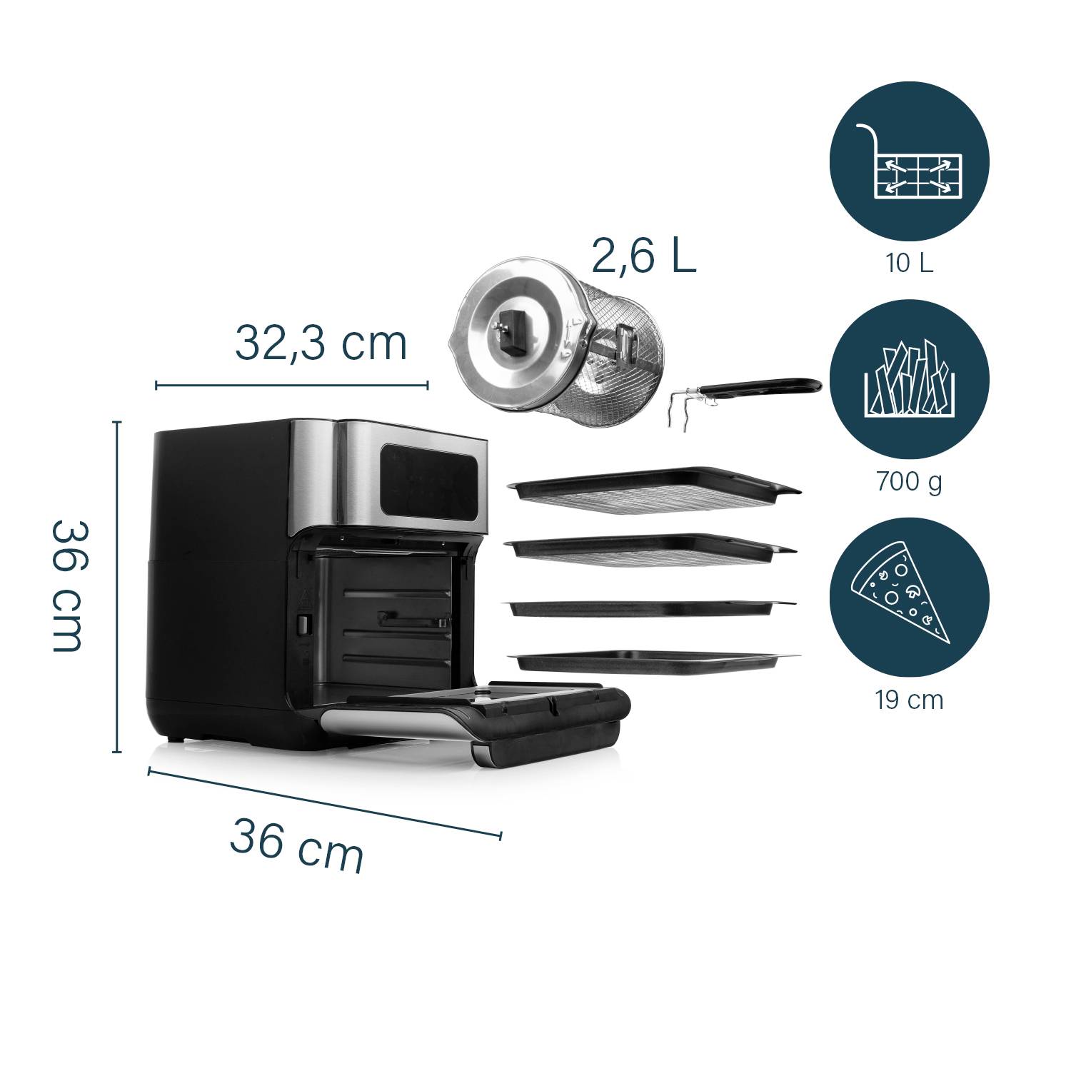 Princess Aerofryer Heißluft-Ofen 10l 1500W mit Display Schwarz, Silber