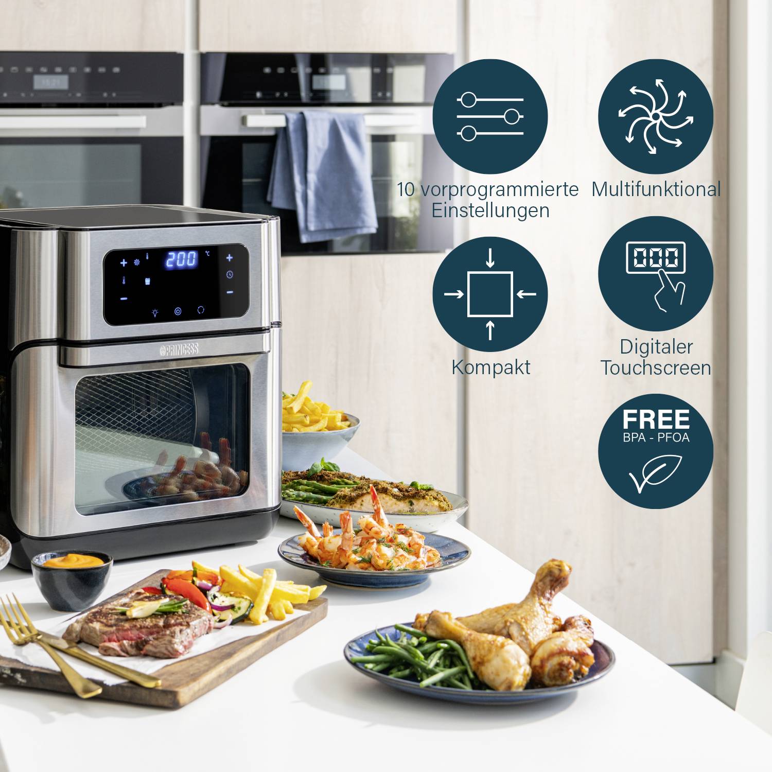 Princess Aerofryer Heißluft-Ofen 10l 1500W mit Display Schwarz, Silber