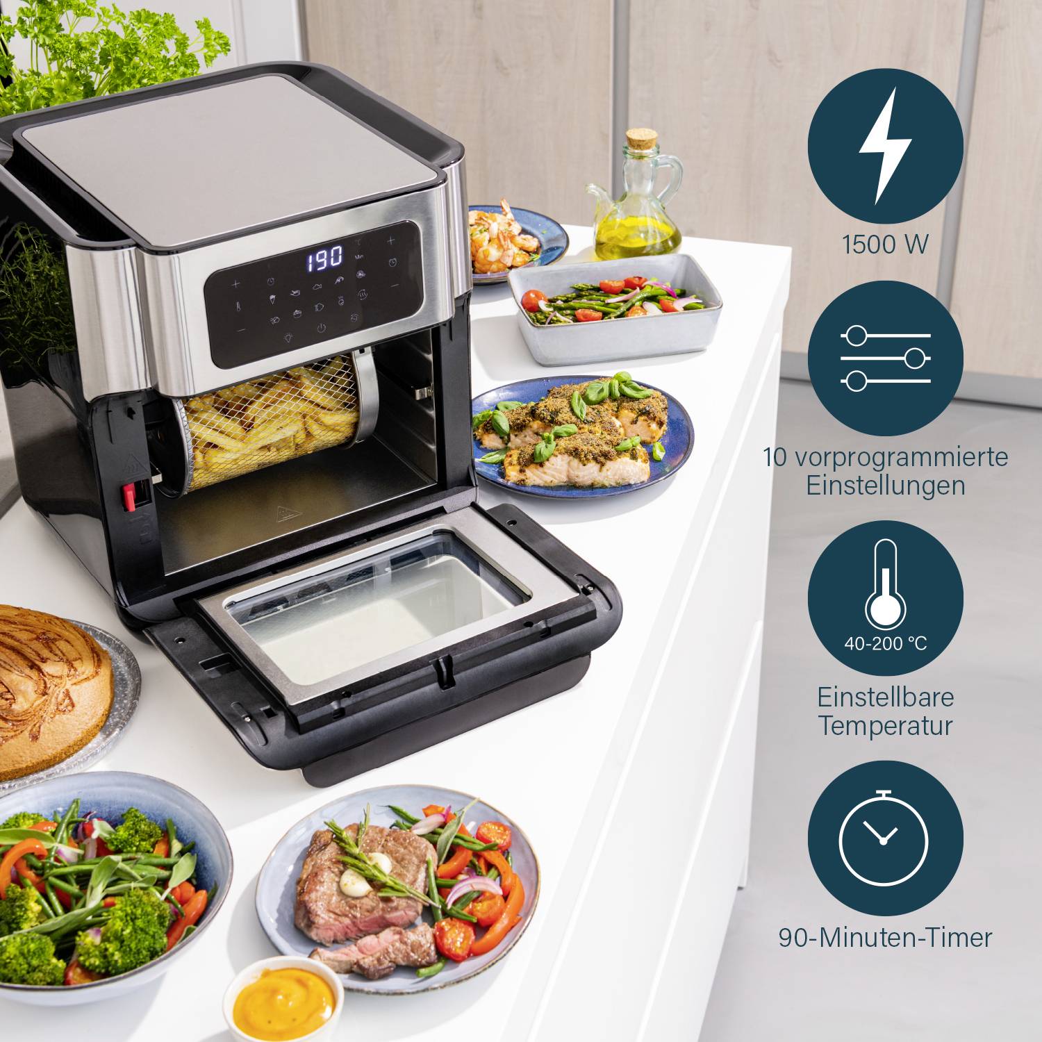 Princess Aerofryer Heißluft-Ofen 10l 1500W mit Display Schwarz, Silber