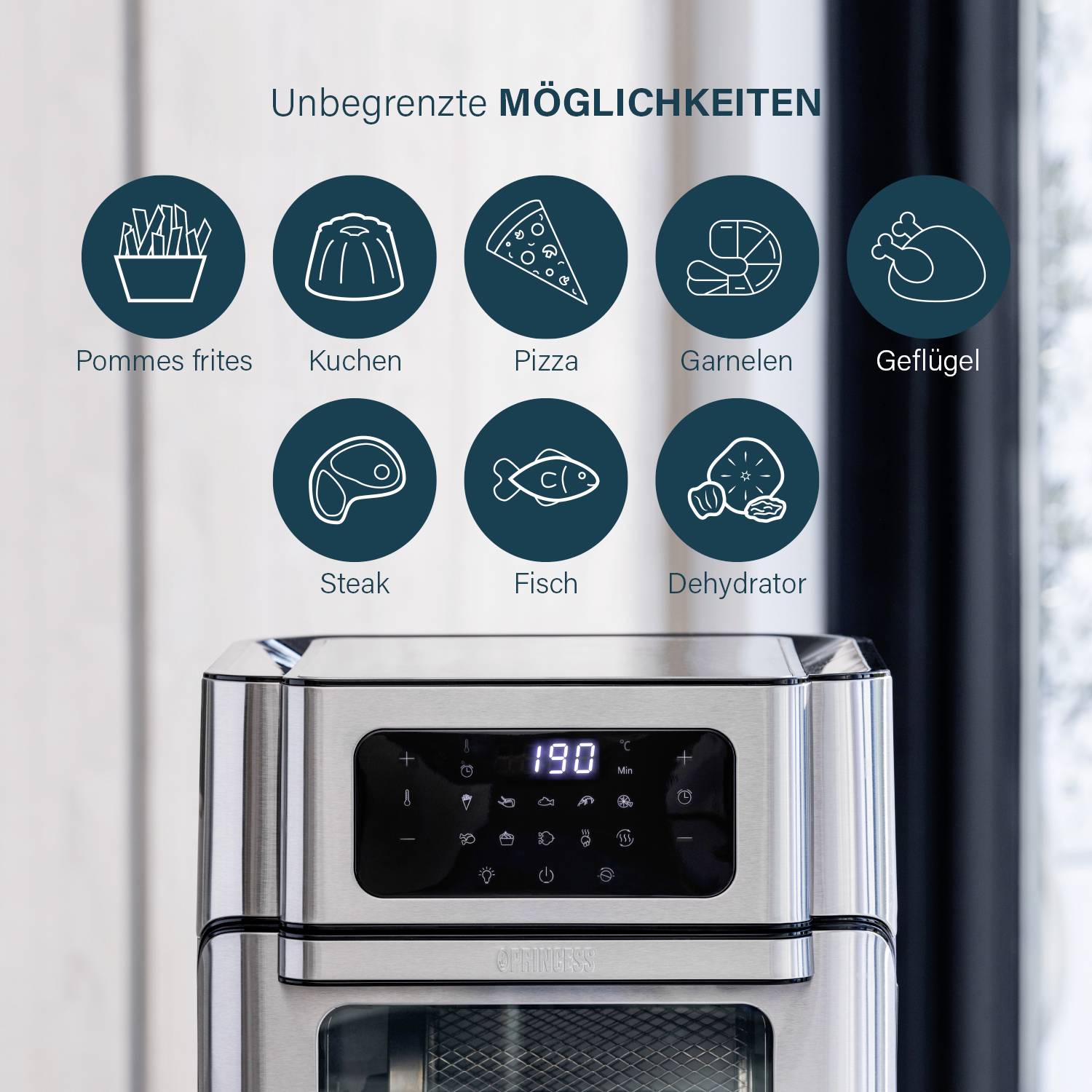 Princess Aerofryer Heißluft-Ofen 10l 1500W mit Display Schwarz, Silber